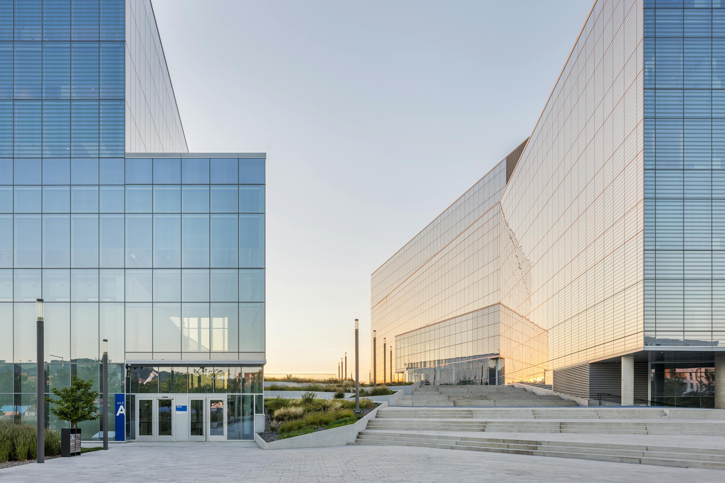 View of the stairs and landscaping between two glass pavilions with modern architecture.