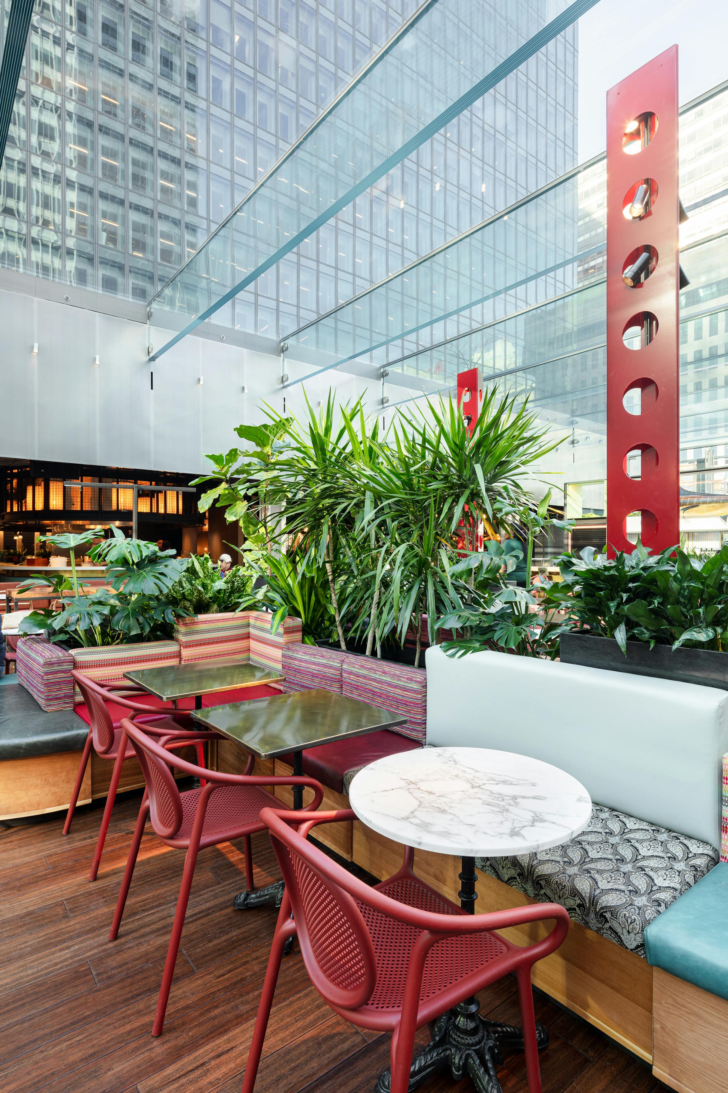 Detail photography of the furniture and design of a food court style restaurant space for the landscape architects of BC2.