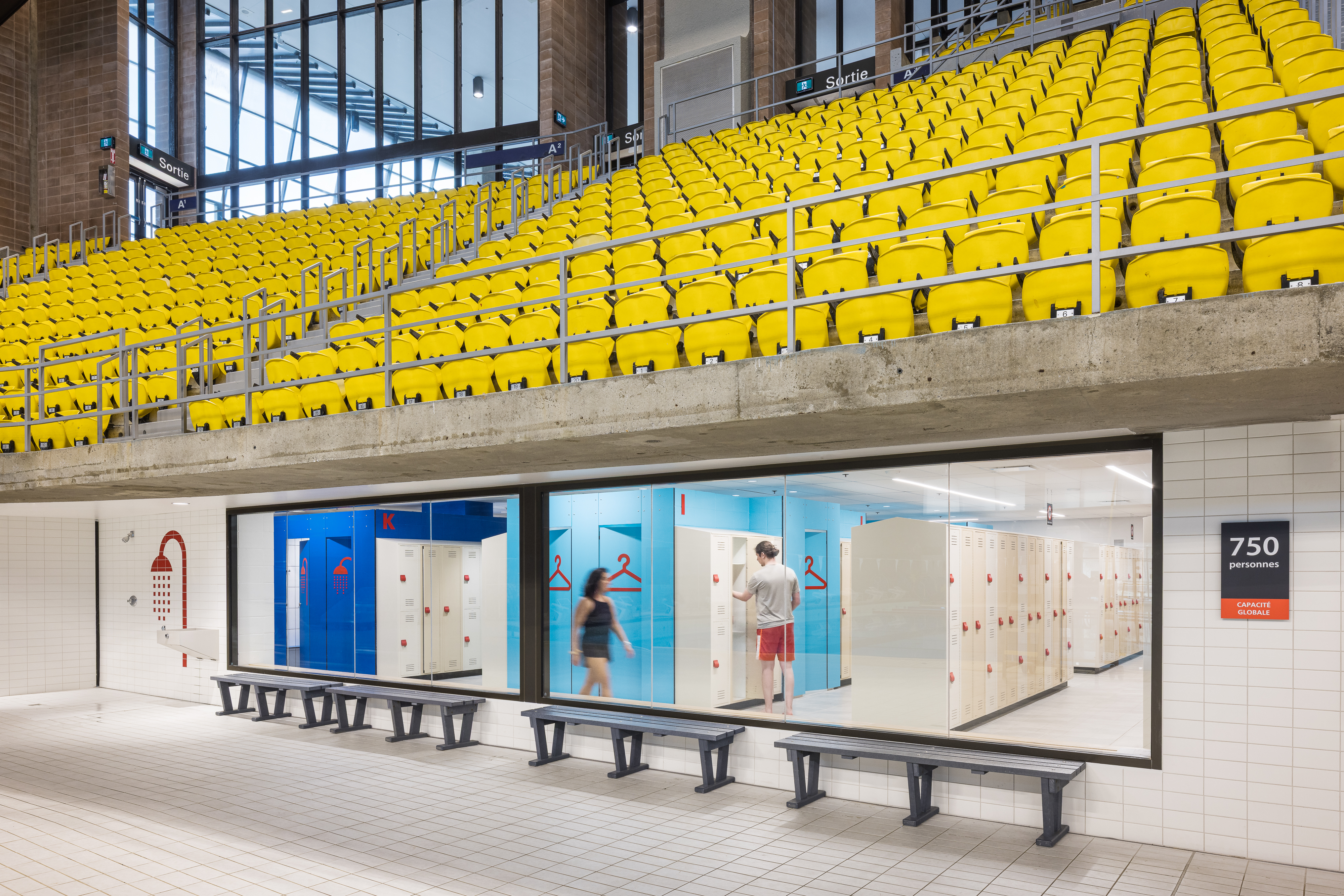 Photograph of a sports building, yellow bleachers of the swimming pool seen from the mezzanine, blue lockers below.