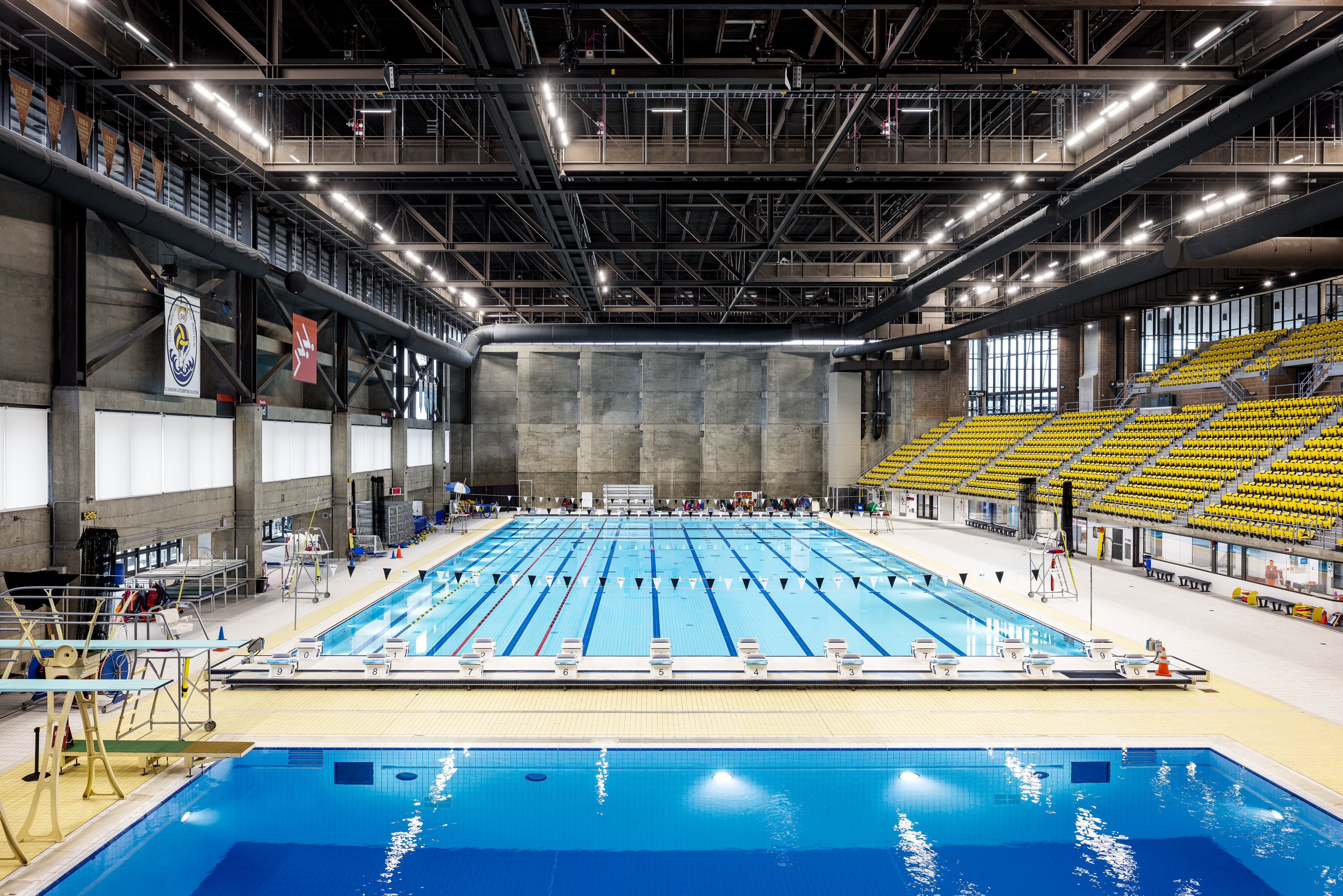 Interior architecture photograph, swimming pool seen from the diving board, exposed structural ceiling above the bleachers.