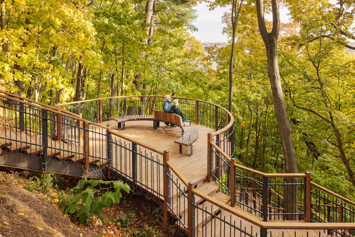 Couple sitting on a wooden bench among autumn-colored trees.