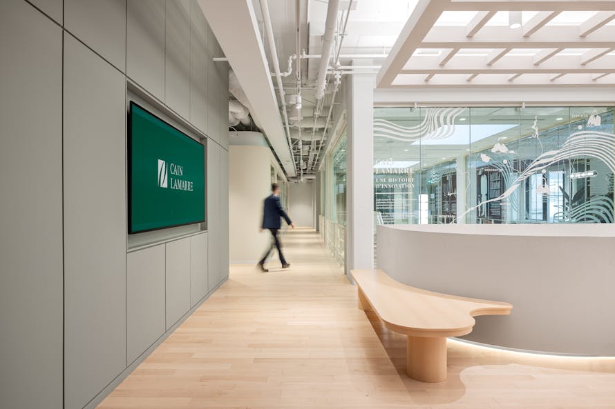 Modern interior architecture of the reception hall of the Cain Lamarre firm.