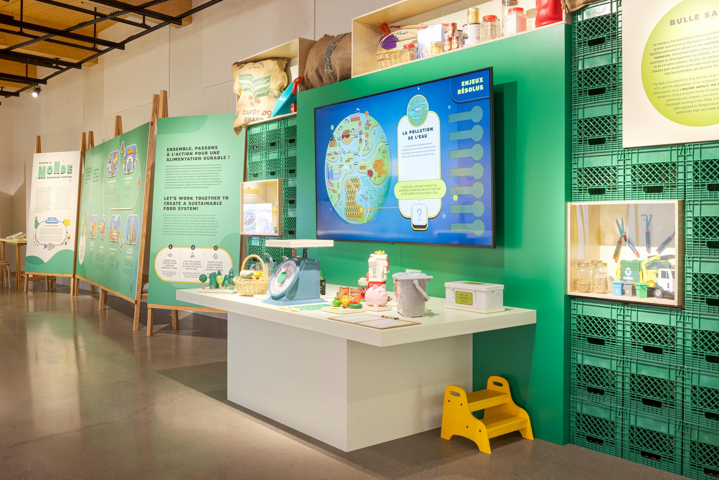 Visual presentation of food production circuits, with infographics and physical objects.