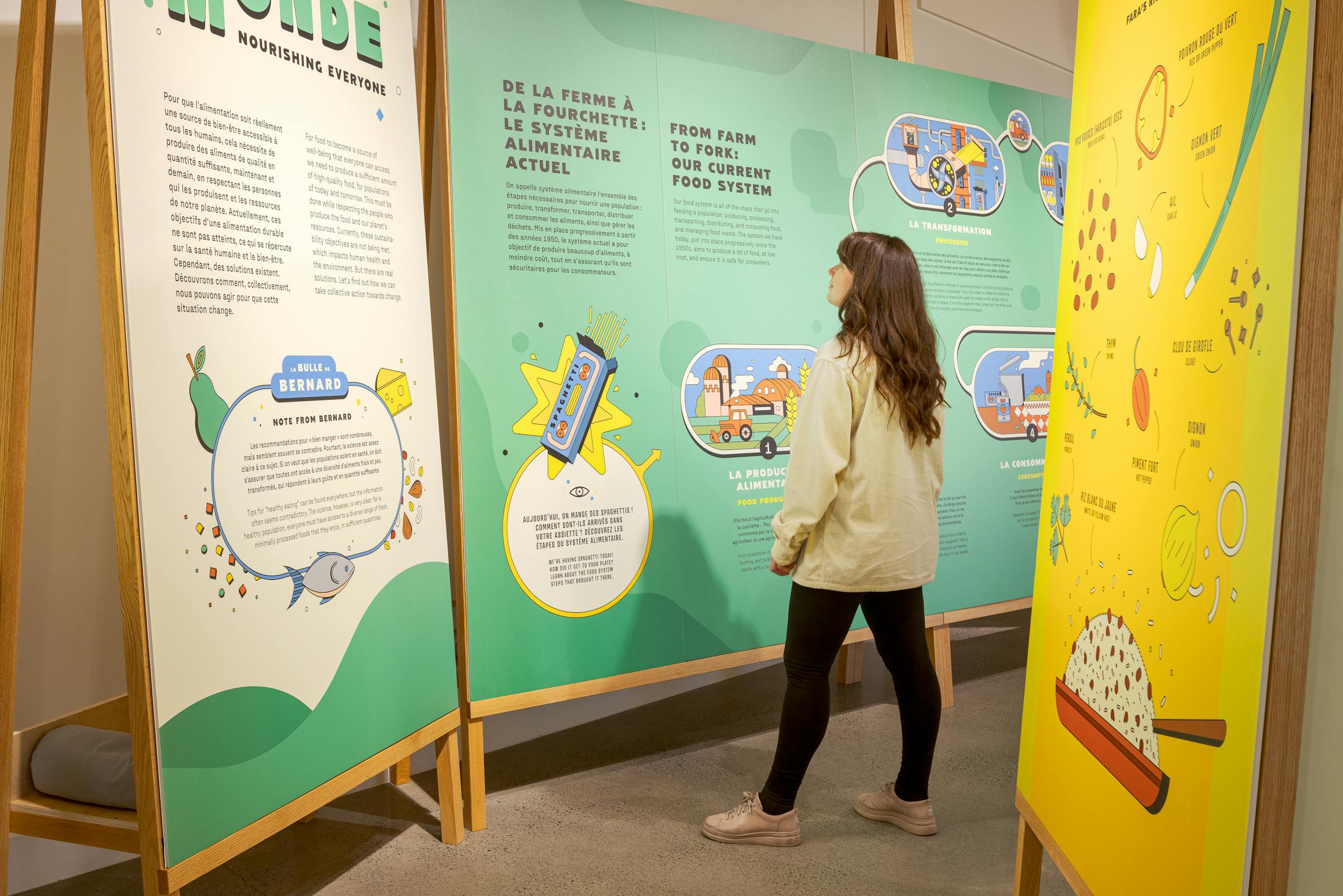 Dynamic scenography combining educational graphics and interactive media to raise awareness of food issues.