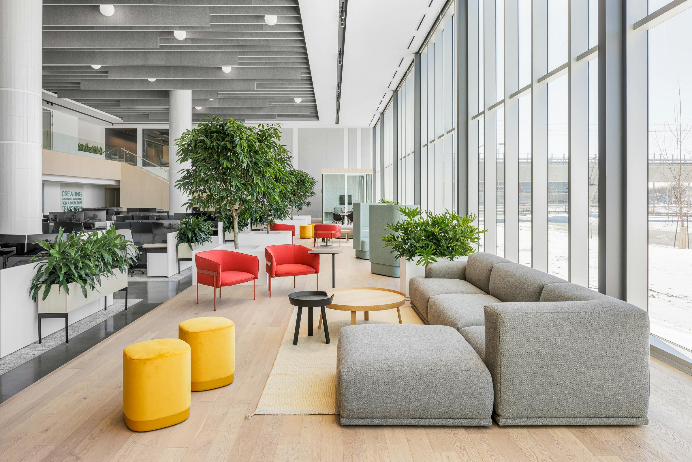 Photograph of a sofa and armchair set in commercial offices.