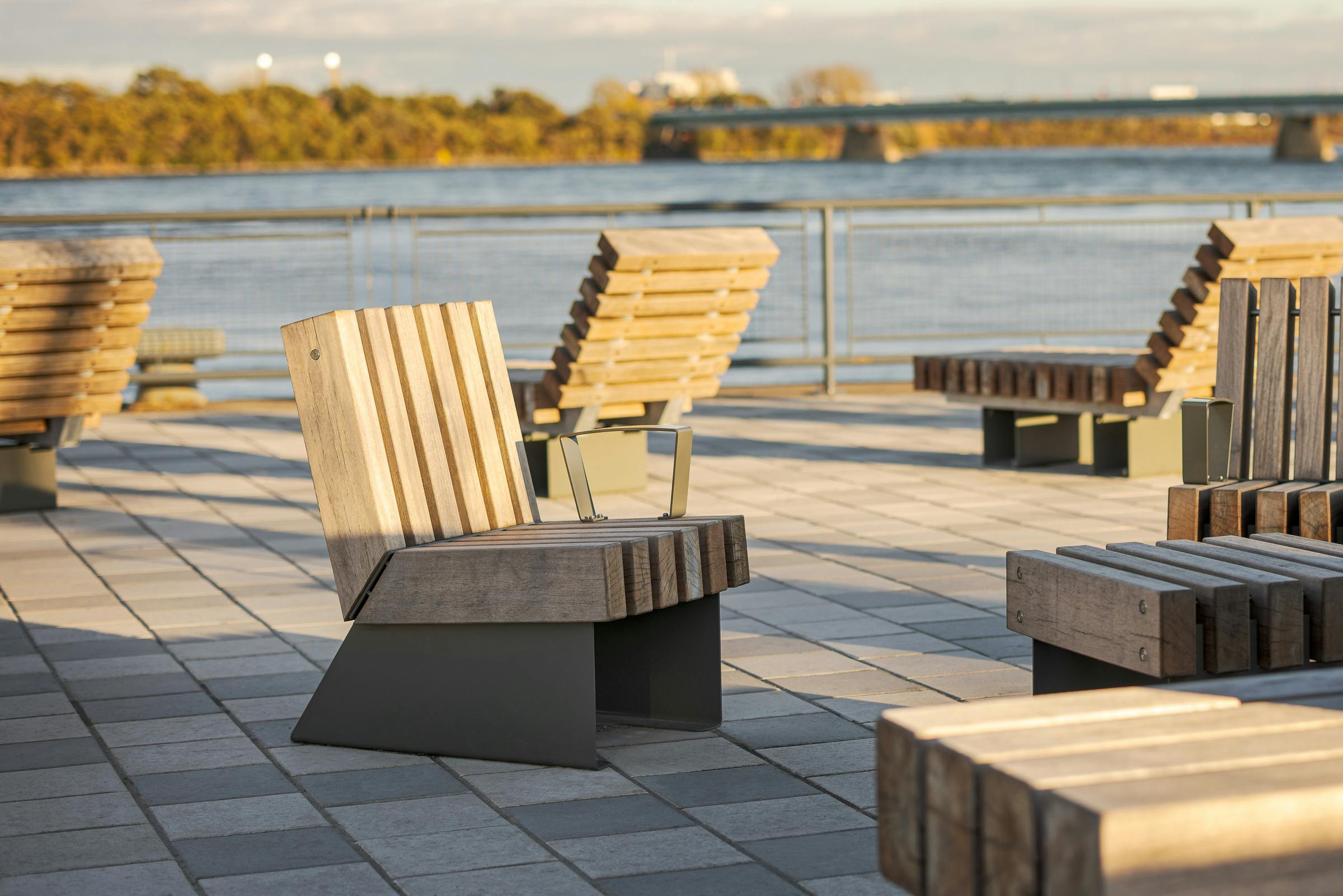 Details of the wooden urban furniture.