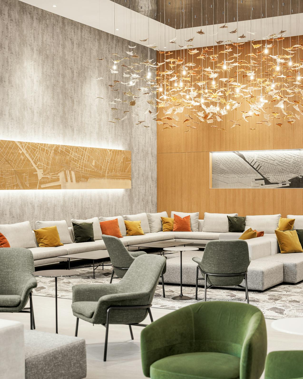 Espaces communs élégants et bien éclairés du lobby intérieur au complexe 700 St-Jacques, Montréal