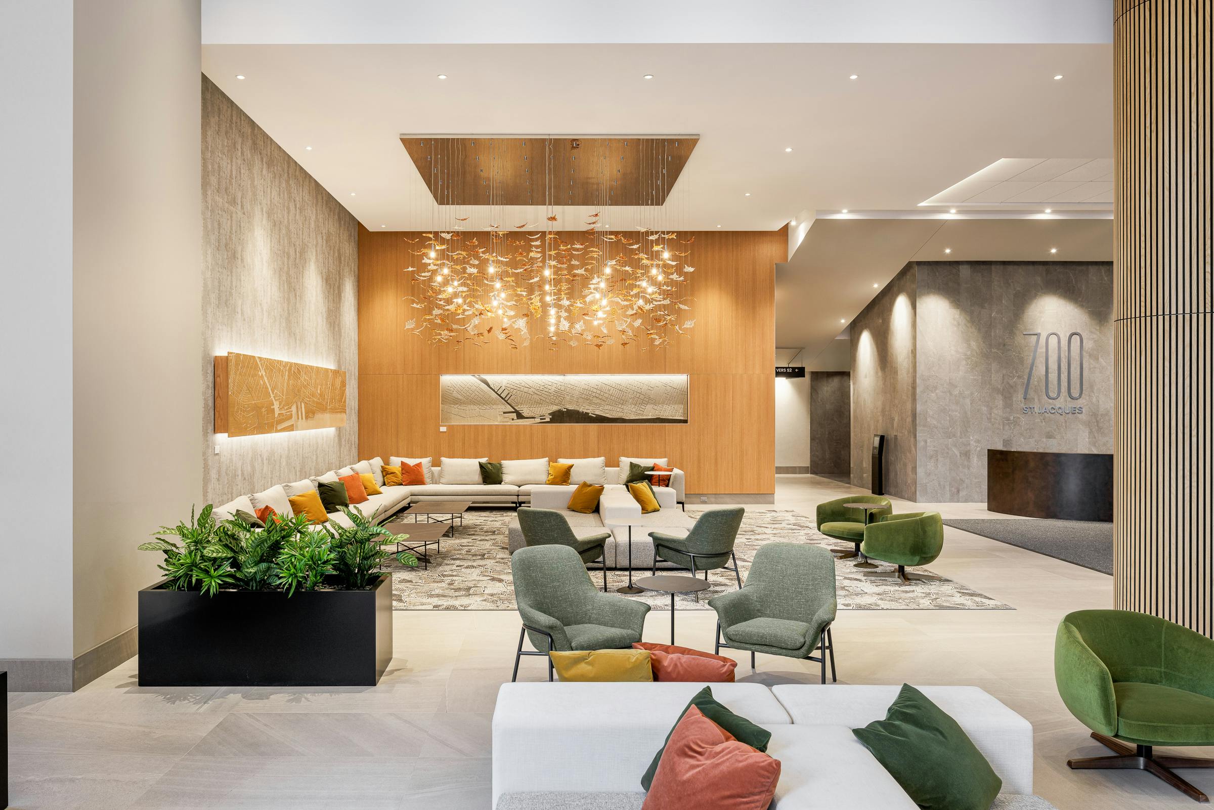 Espace salon avec mobilier et luminaire design et moderne.
