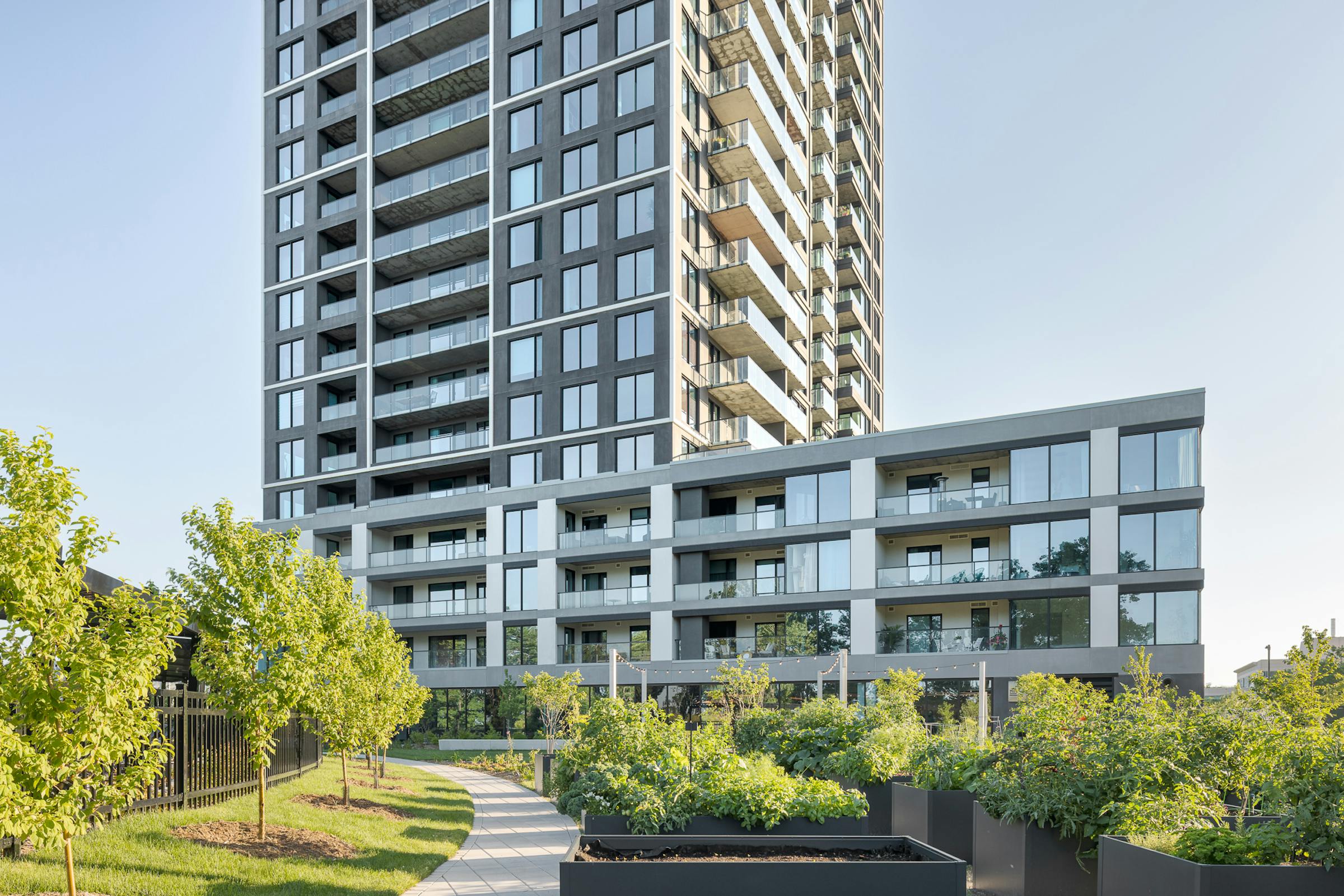 Photograph of the Evolo NEX tower and its landscaped gardens by the river.