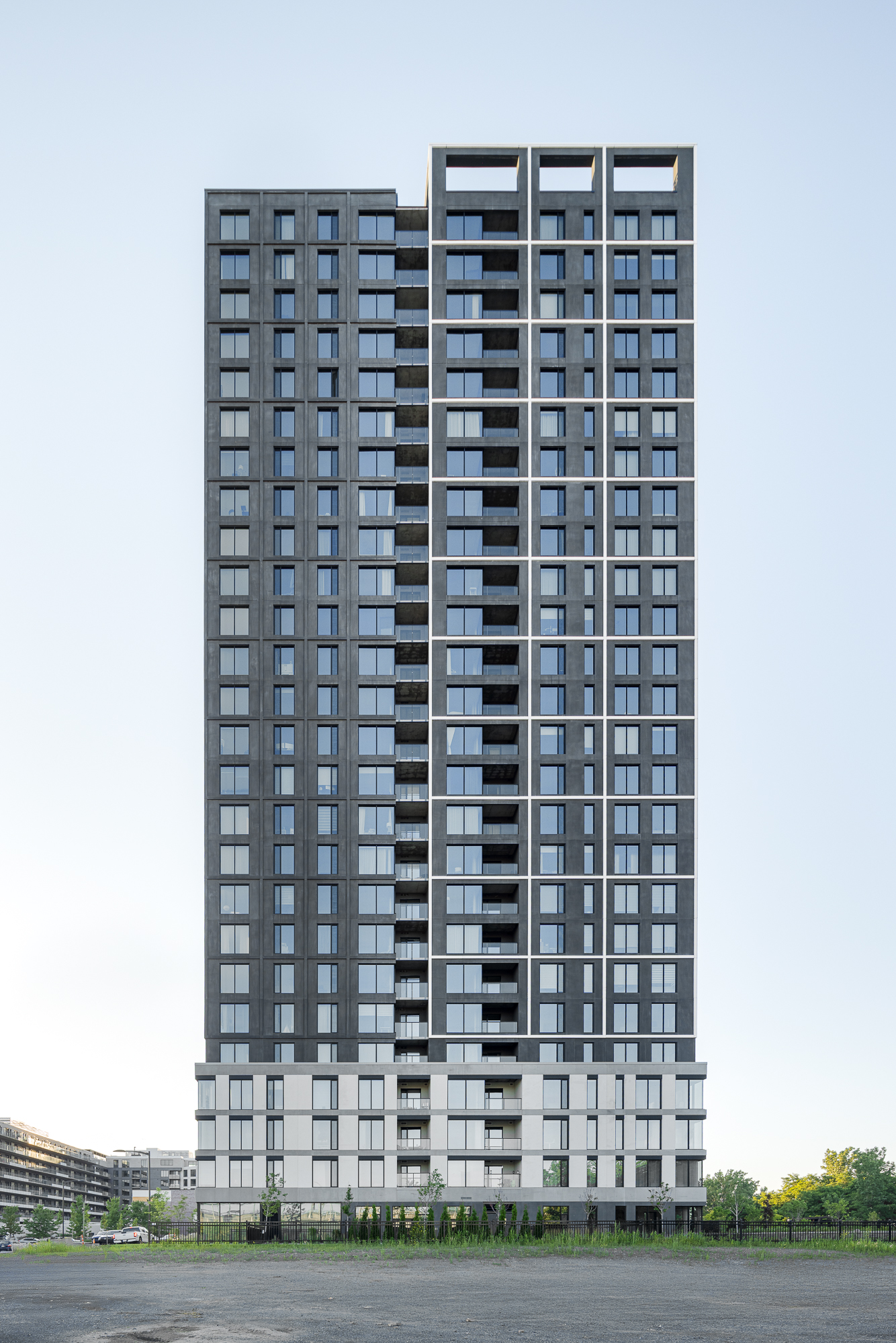 Minimalist architecture and sleek design of the Evolo NEX tower in Montreal.
