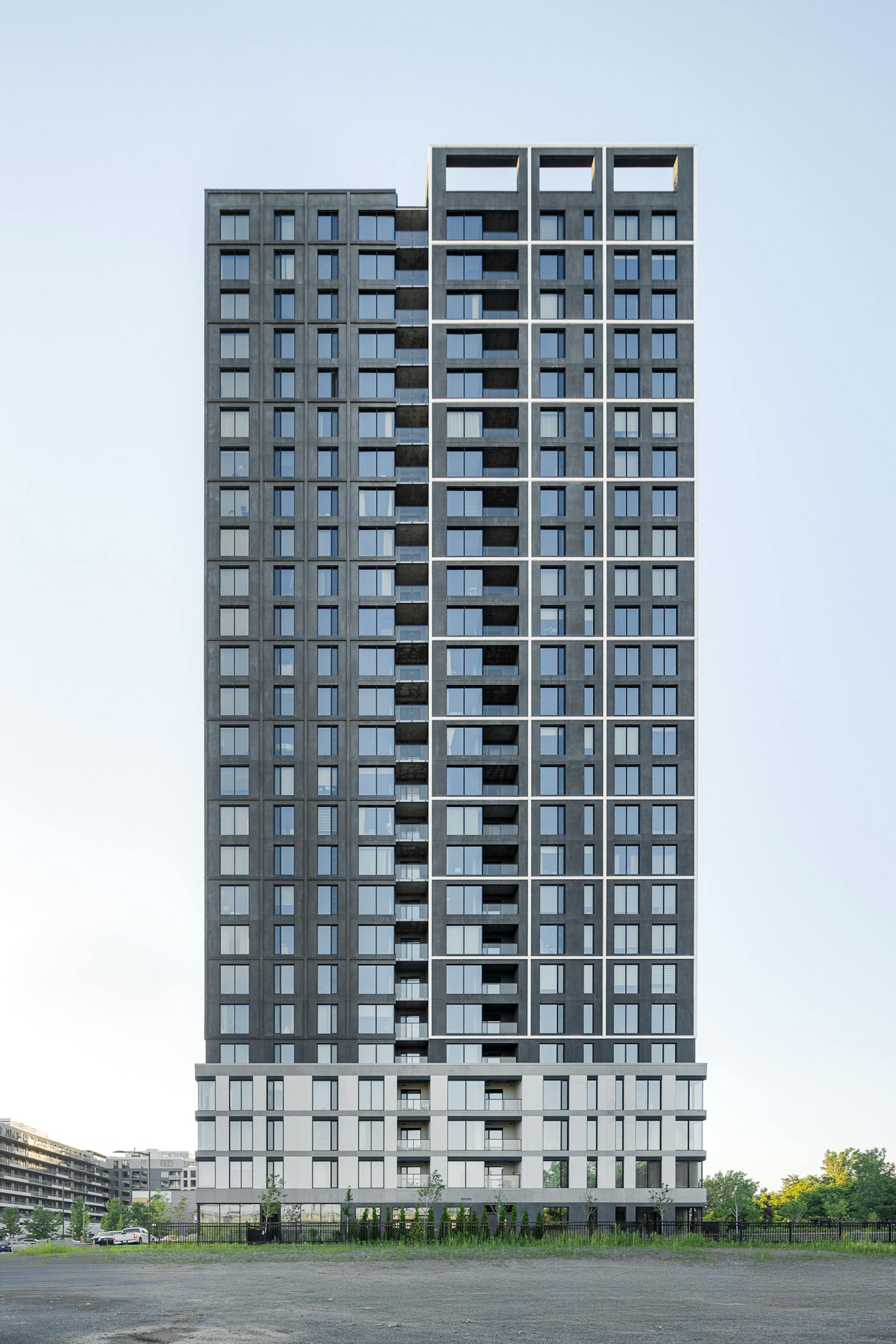 Minimalist architecture and sleek design of the Evolo NEX tower in Montreal.