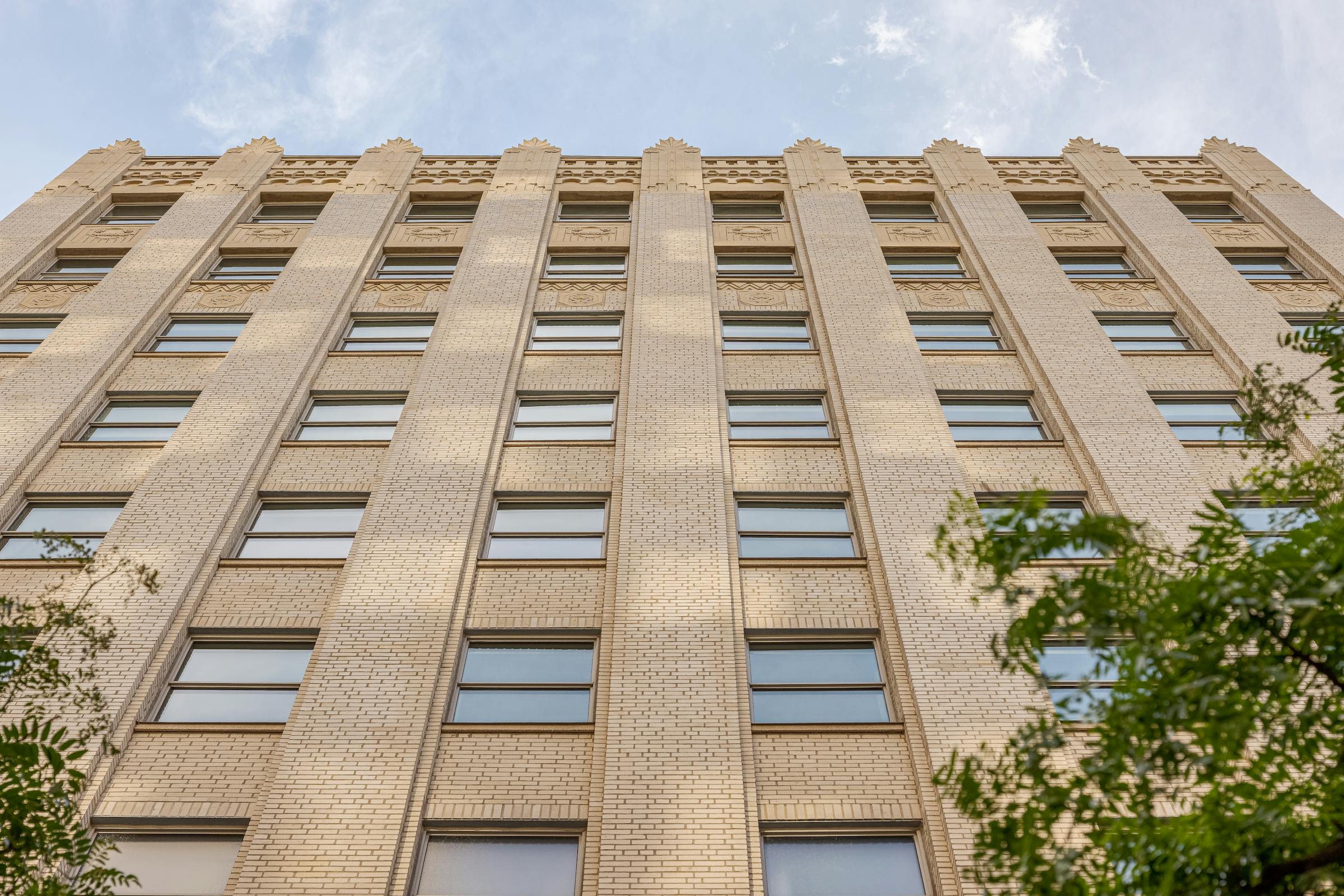 Close-up view of sculpted ornaments characteristic of the Art Deco style.
