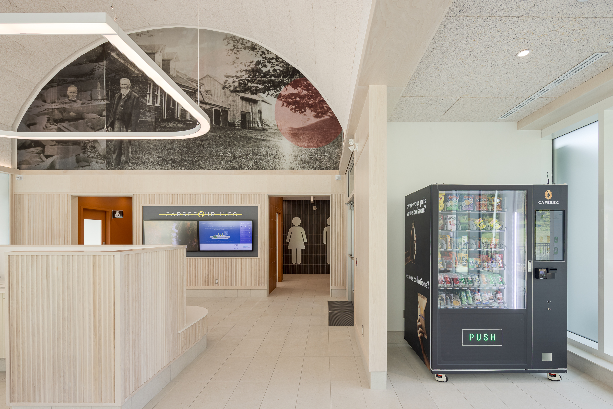Architectural photography revealing the glue-laminated timber structure.