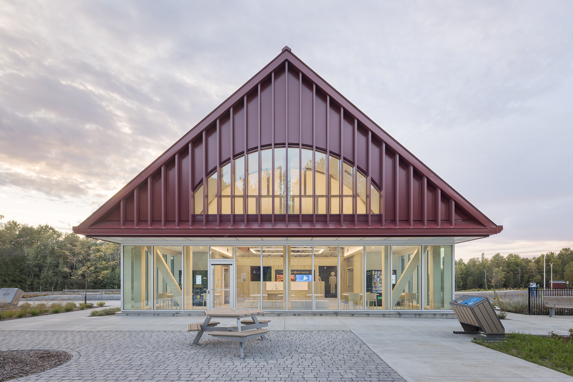 Wooden architecture of the rest area highlighting its warm character.