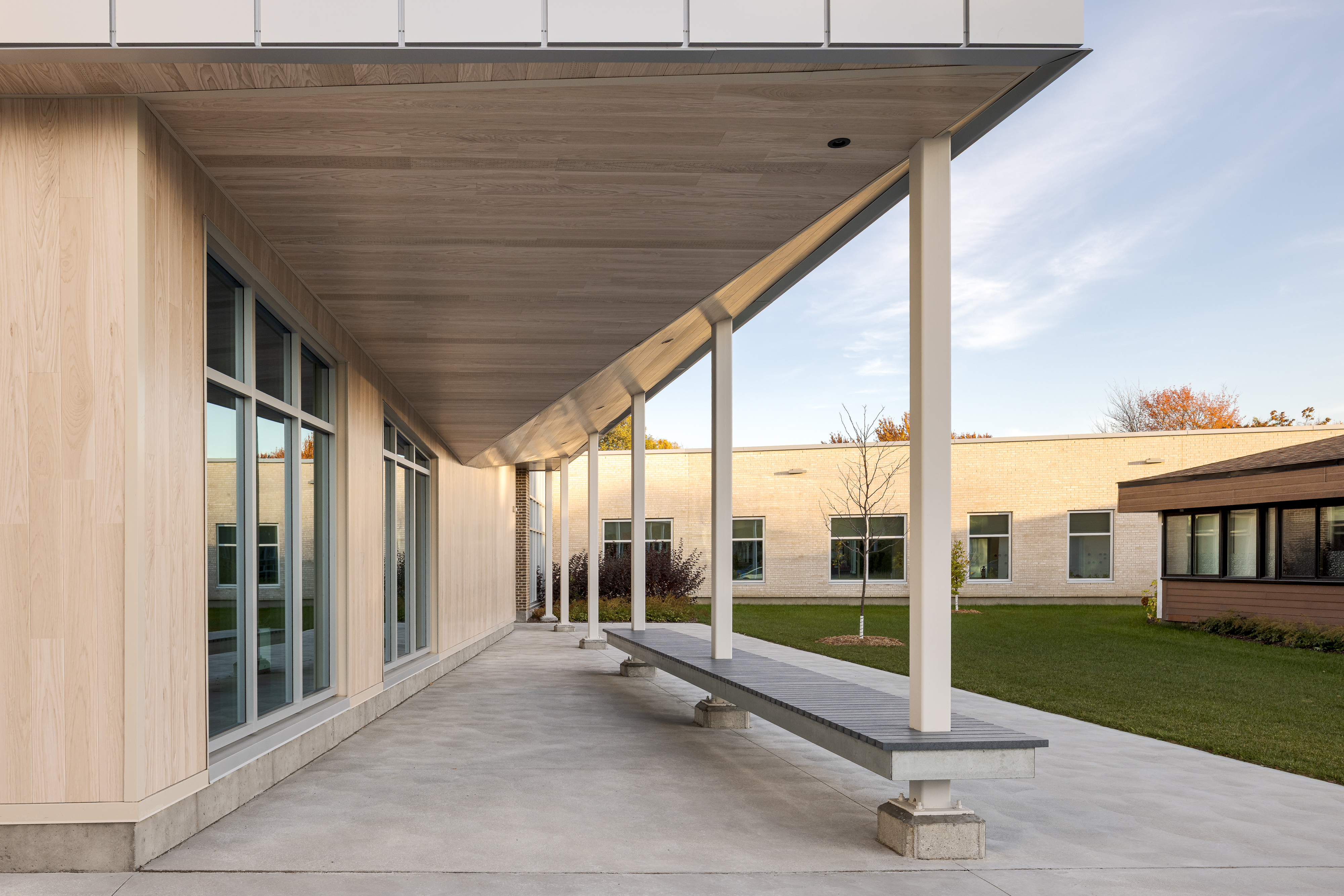 An exterior covered walkway with a wood and concrete structure connects the courtyard spaces, bathed in natural light. Photo: TARMAC - Damien Ligiardi
