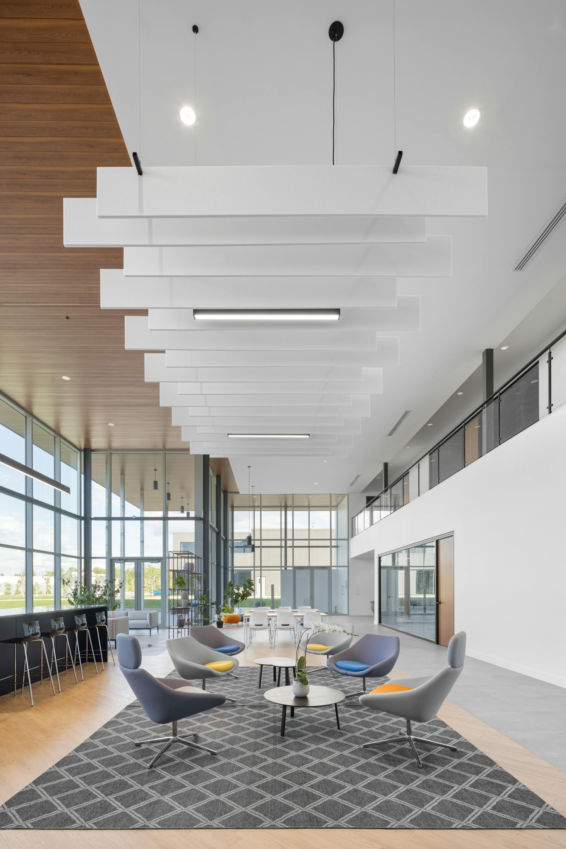 Interior design vertical photography. Large space with contemporary and colorful furniture.