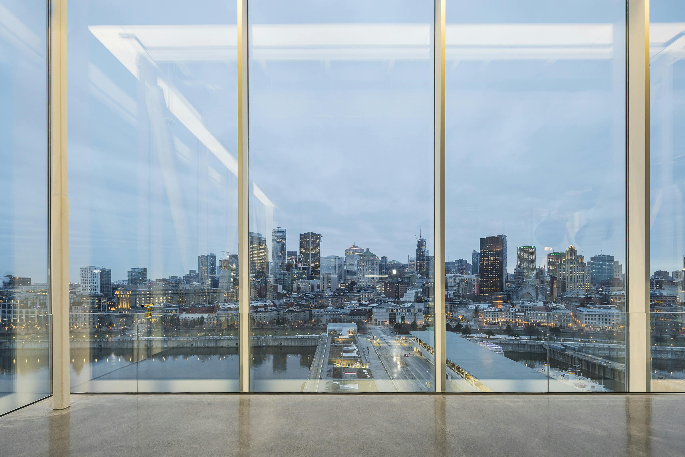 The city of Montreal seen from the observation room of the Grand Quai tower.