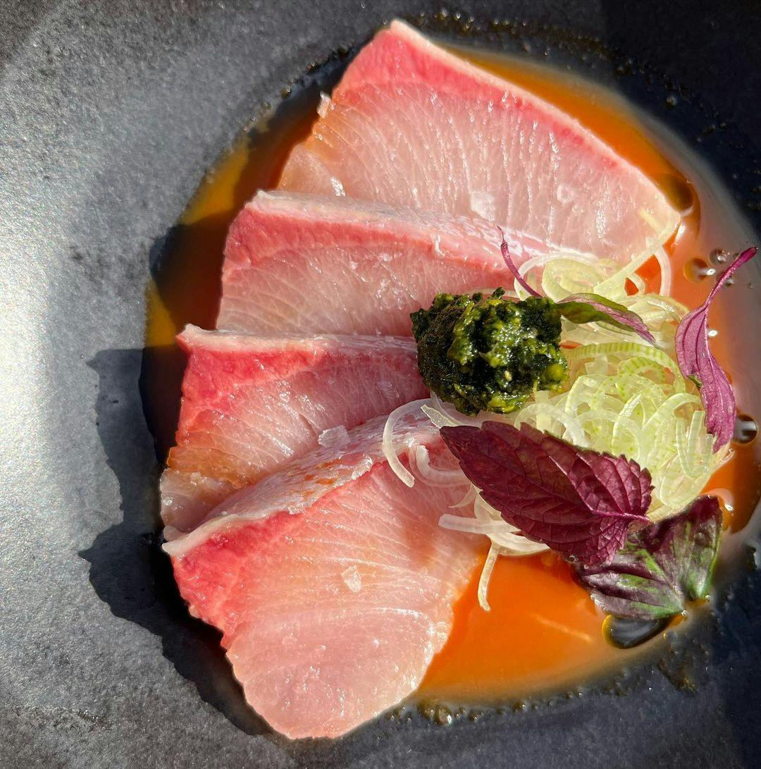 Yellowtail Crudo, Carrot Chojang and Leek