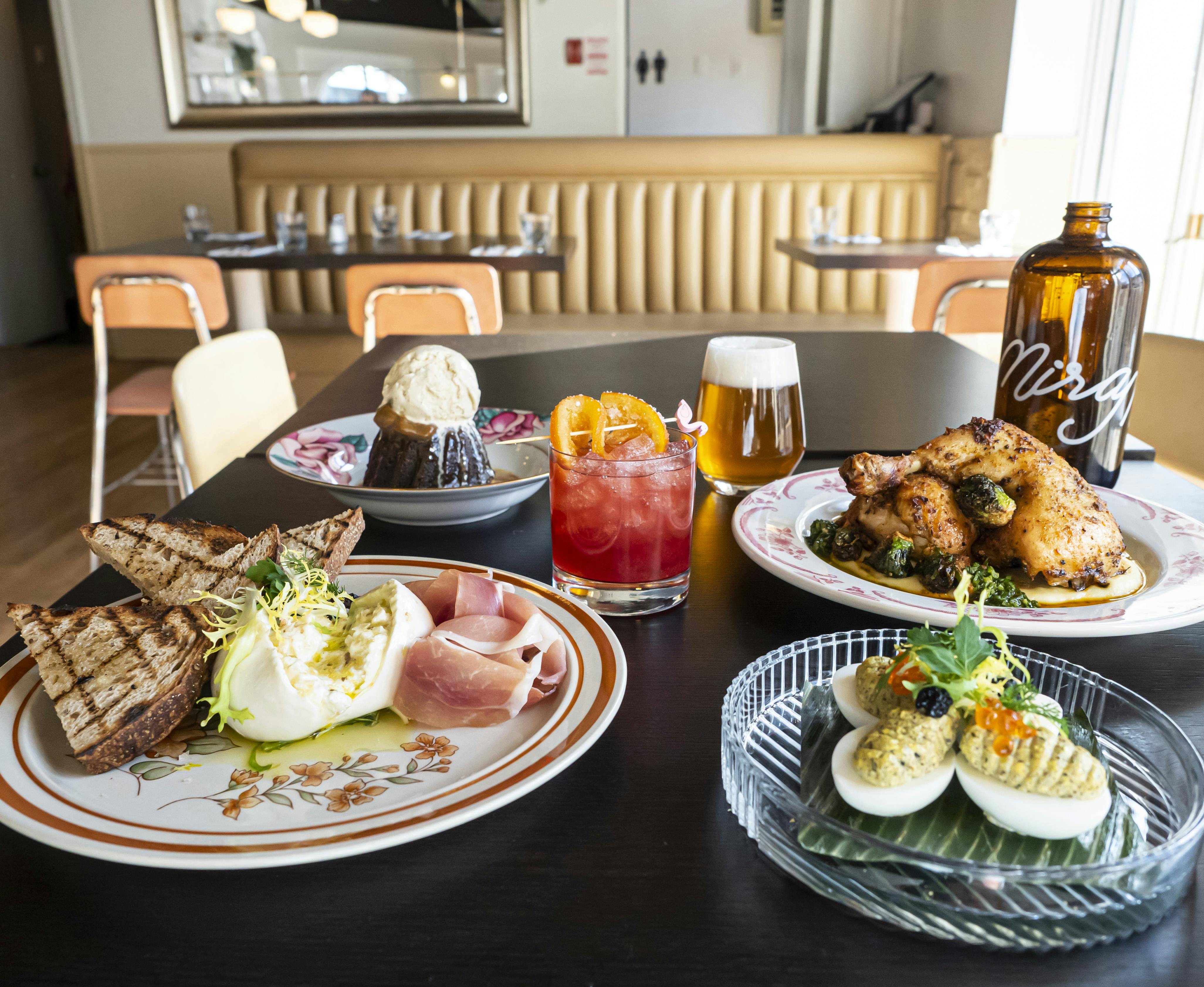 An assortment of food and drinks