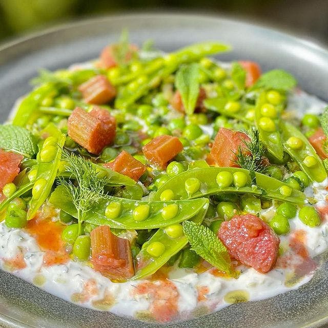 Ontario rhubarb and peas koshimbir from Curryish