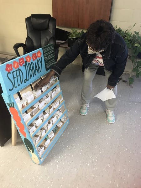 resident looking through seed library