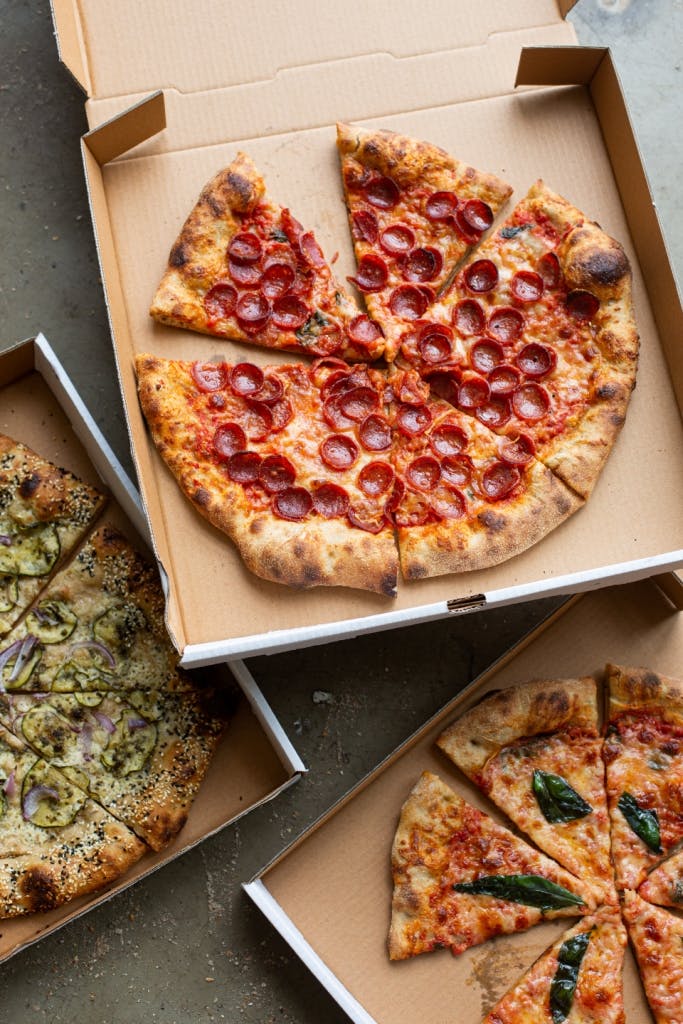 Pepperoni pizza, Margherita pizza & the vegan White Truffle Pizza