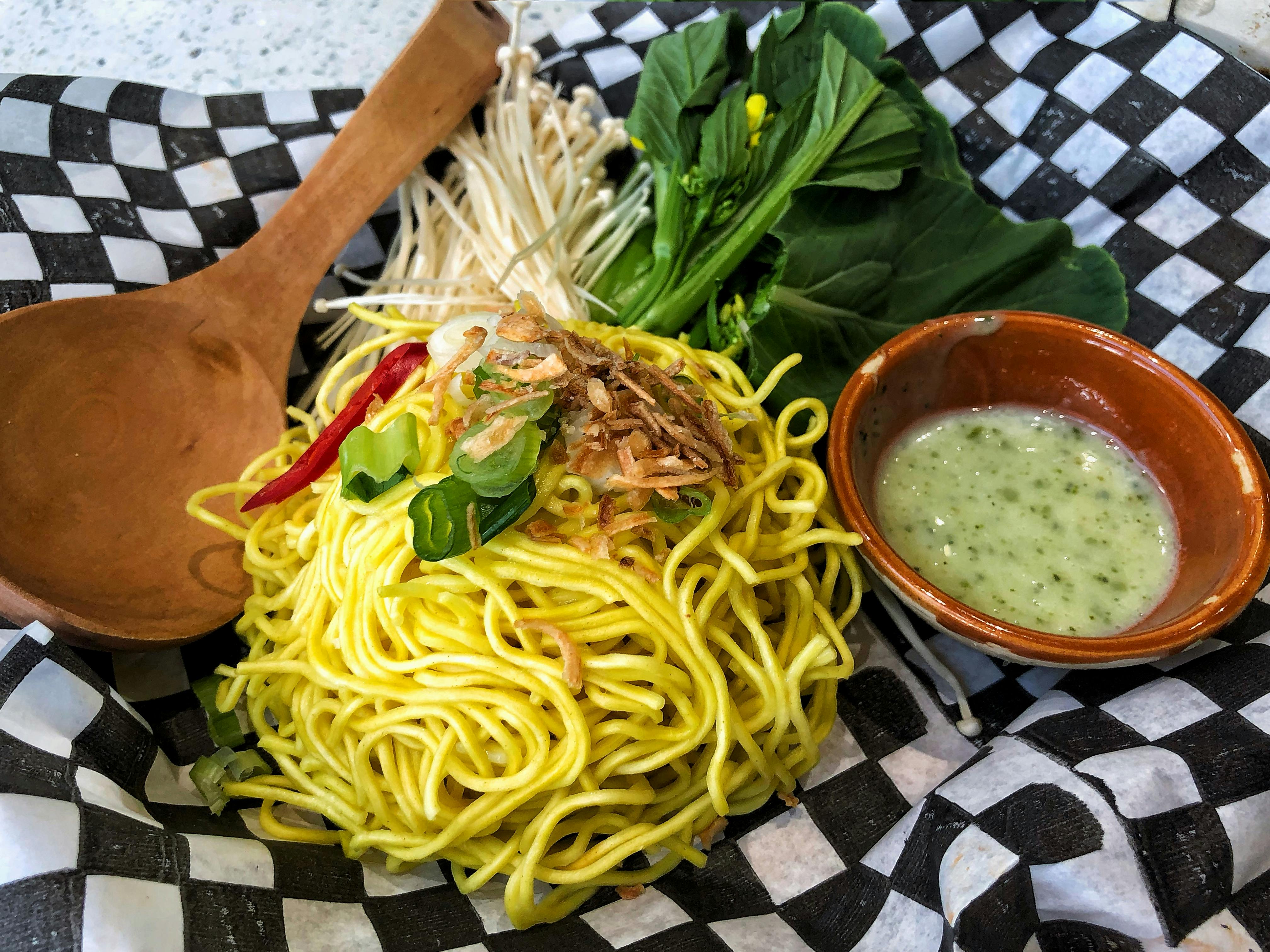 Egg Noodles and Enoki Mushrooms