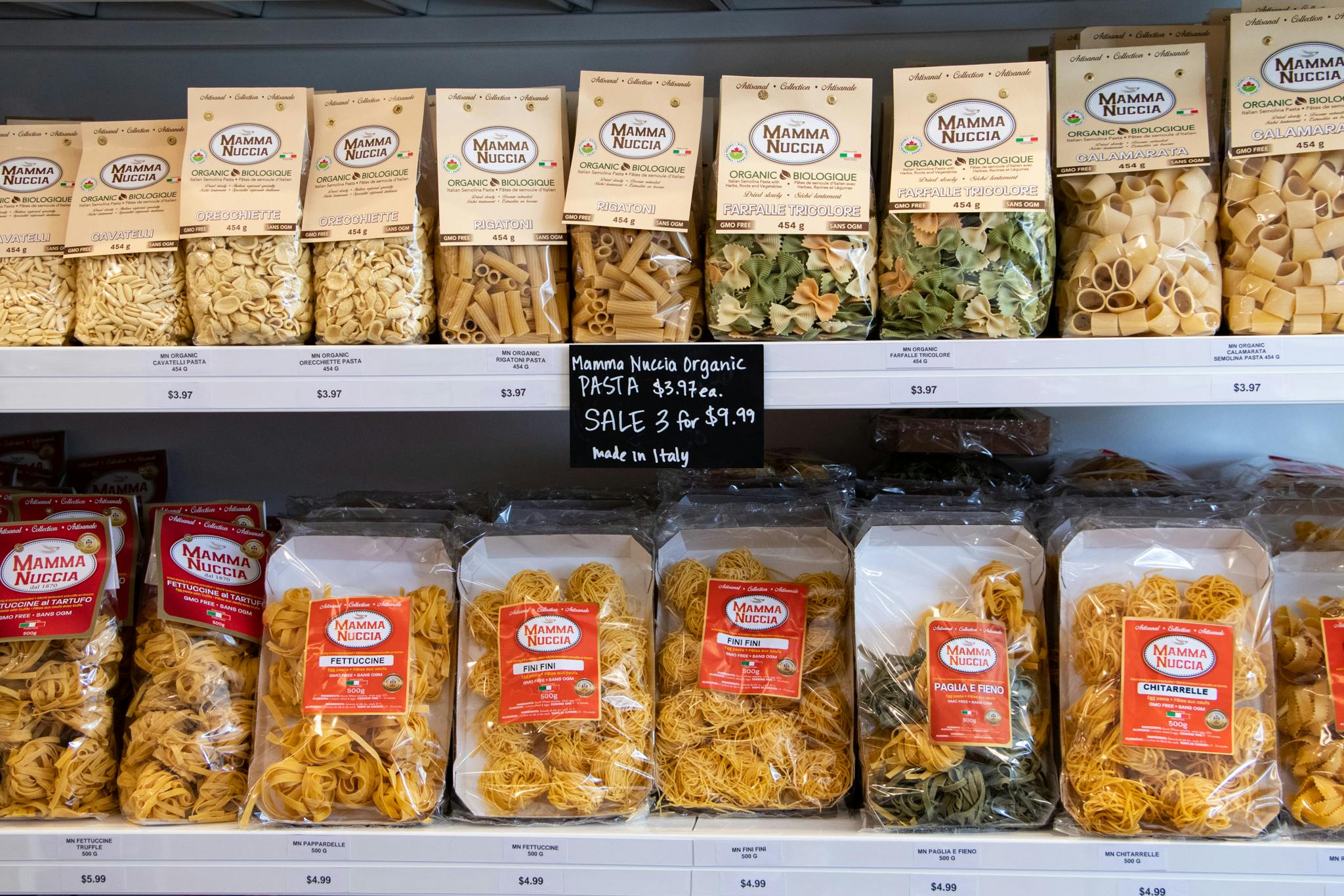 Pasta on shelves from La Spesa Food Market. Image by: @paothebao