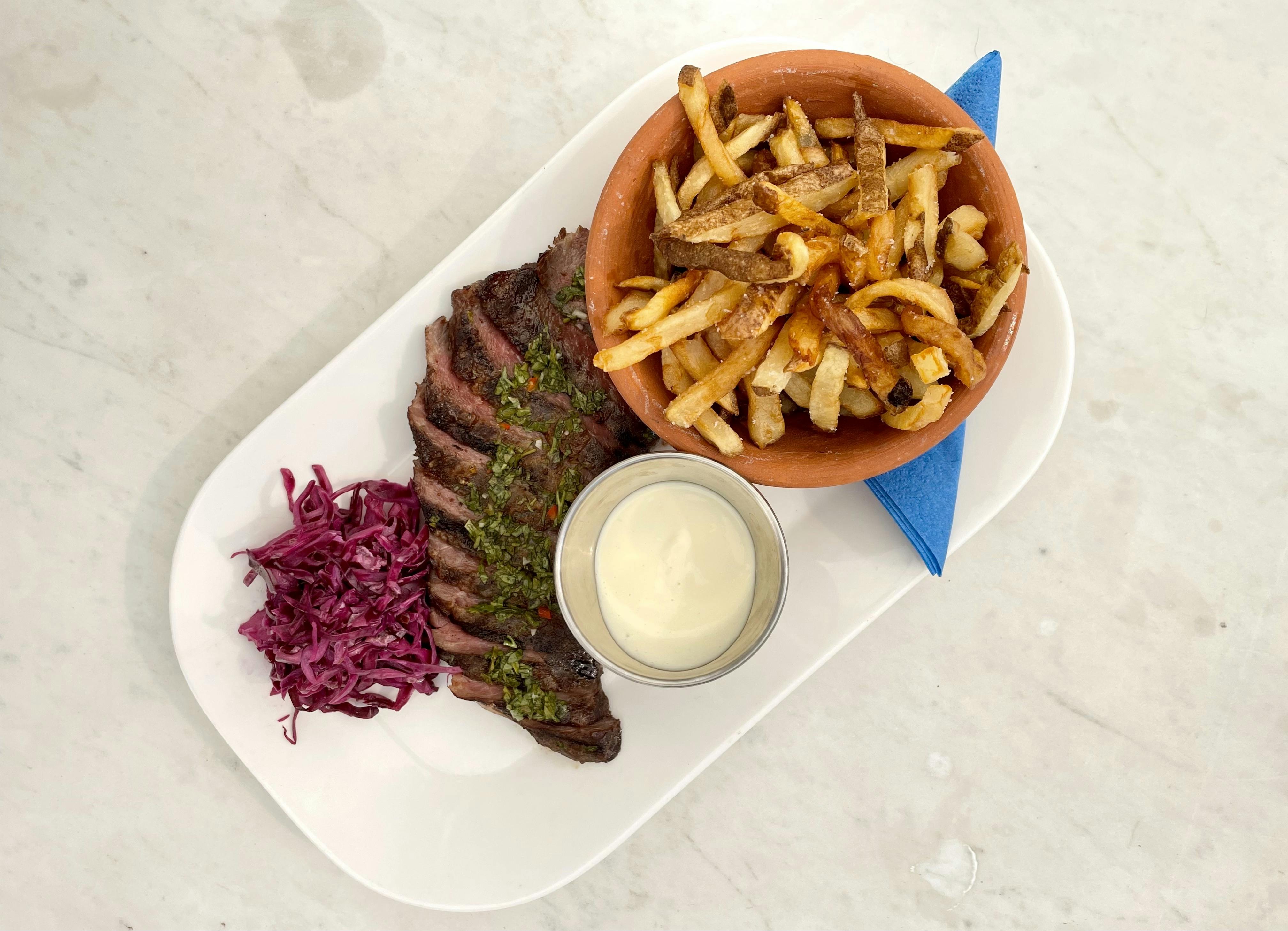 Steak Frites with red cabbage slaw