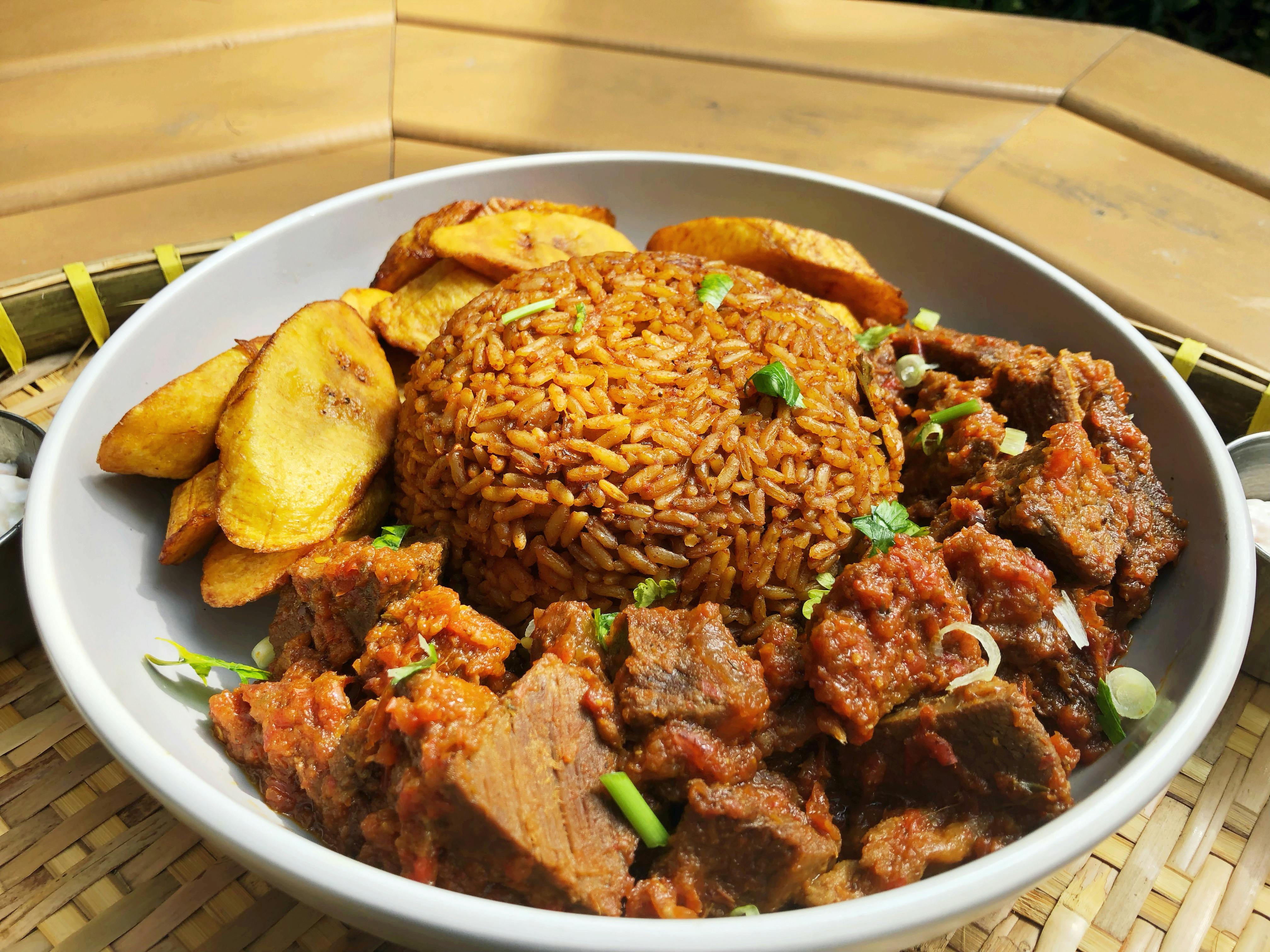 Peppered Beef with Jollof Rice and Plantains