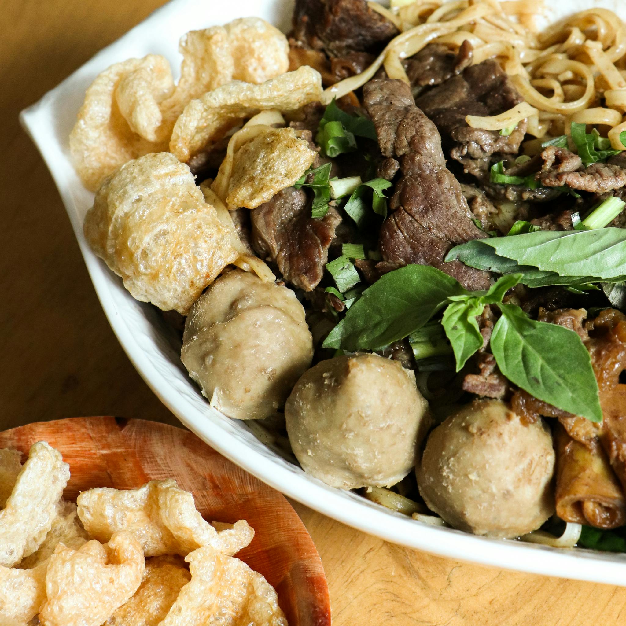 Braised beef, sliced beef and beef ball Thai boat noodle soup