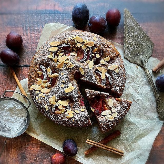 Spiced Plum and Almond Cake by Chef Erica Karbelnik