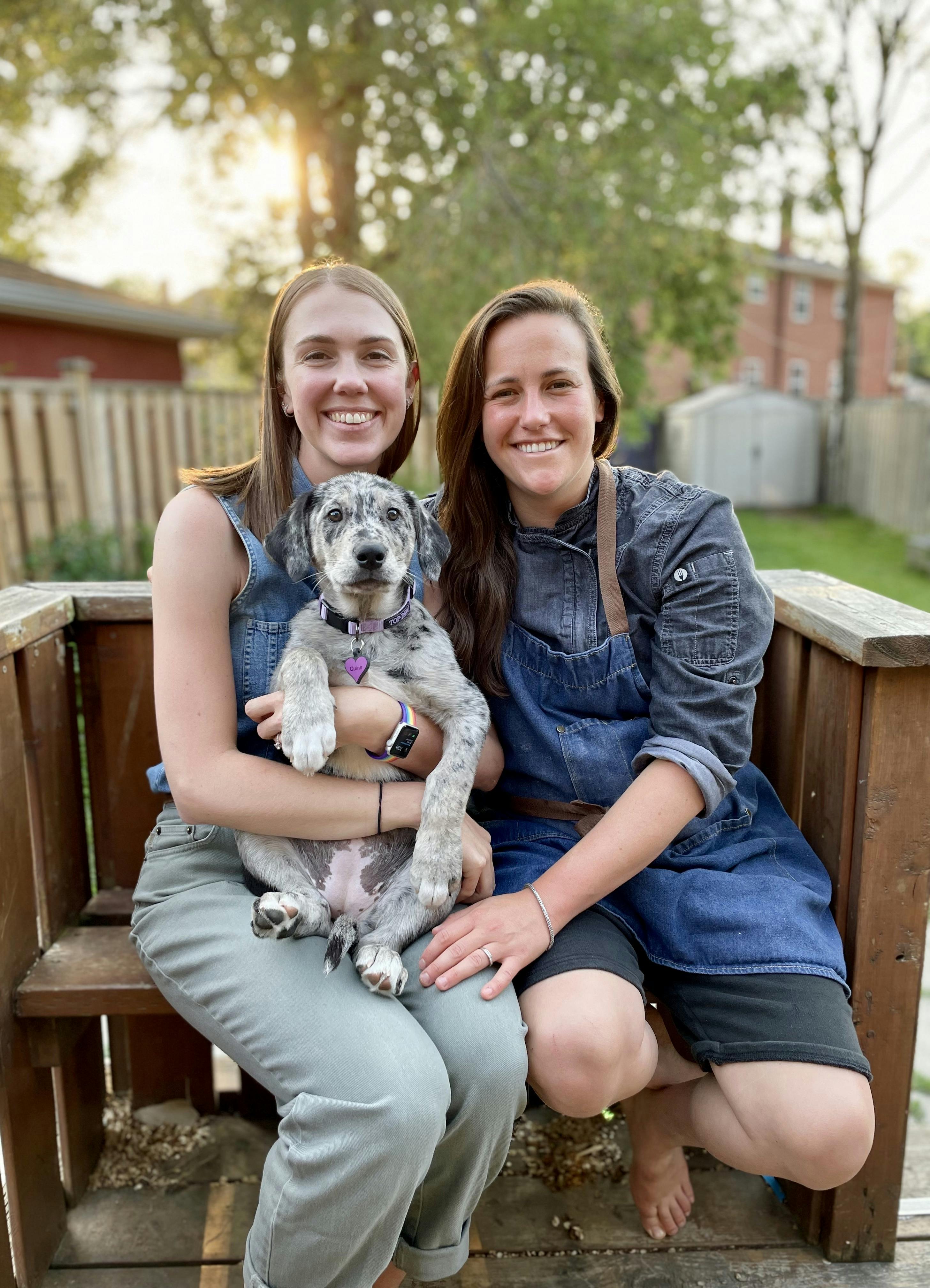 Shai Mandel with her fiancée Vanessa Cormier and their new puppy, Quinn