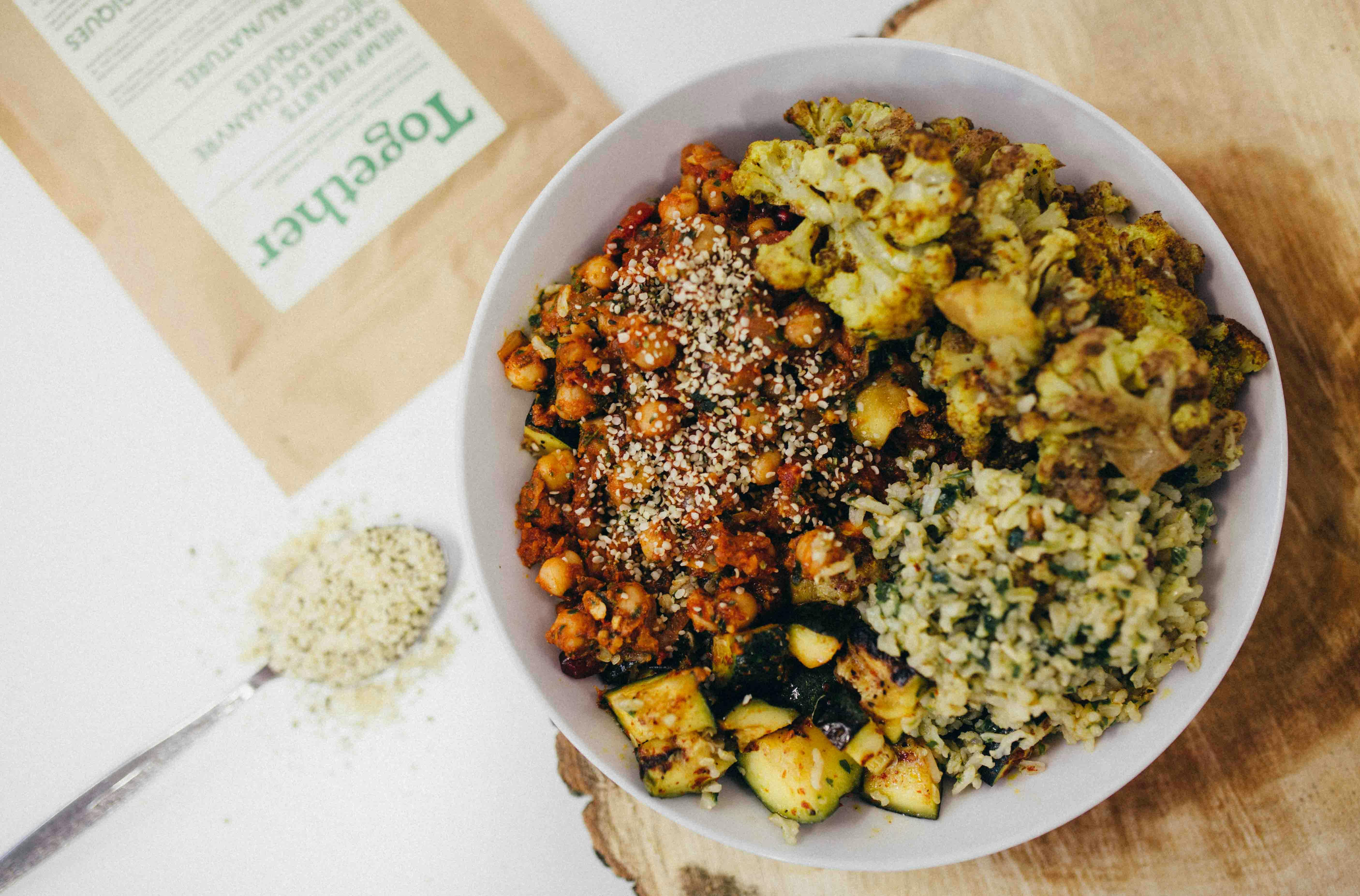 Hemp hearts topping a veggie bowl from Together Hemp.