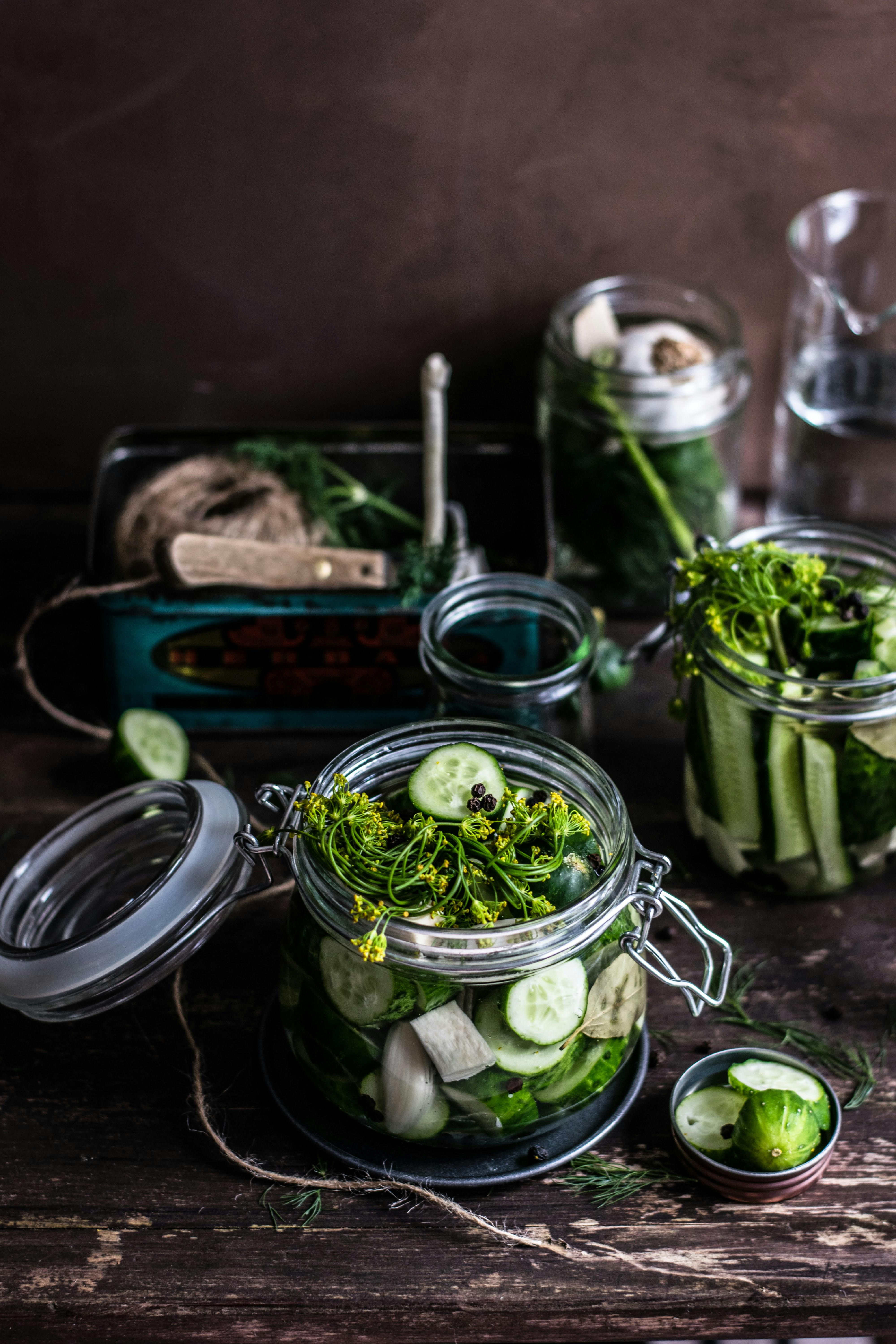 Homemade pickles with floral aromatics