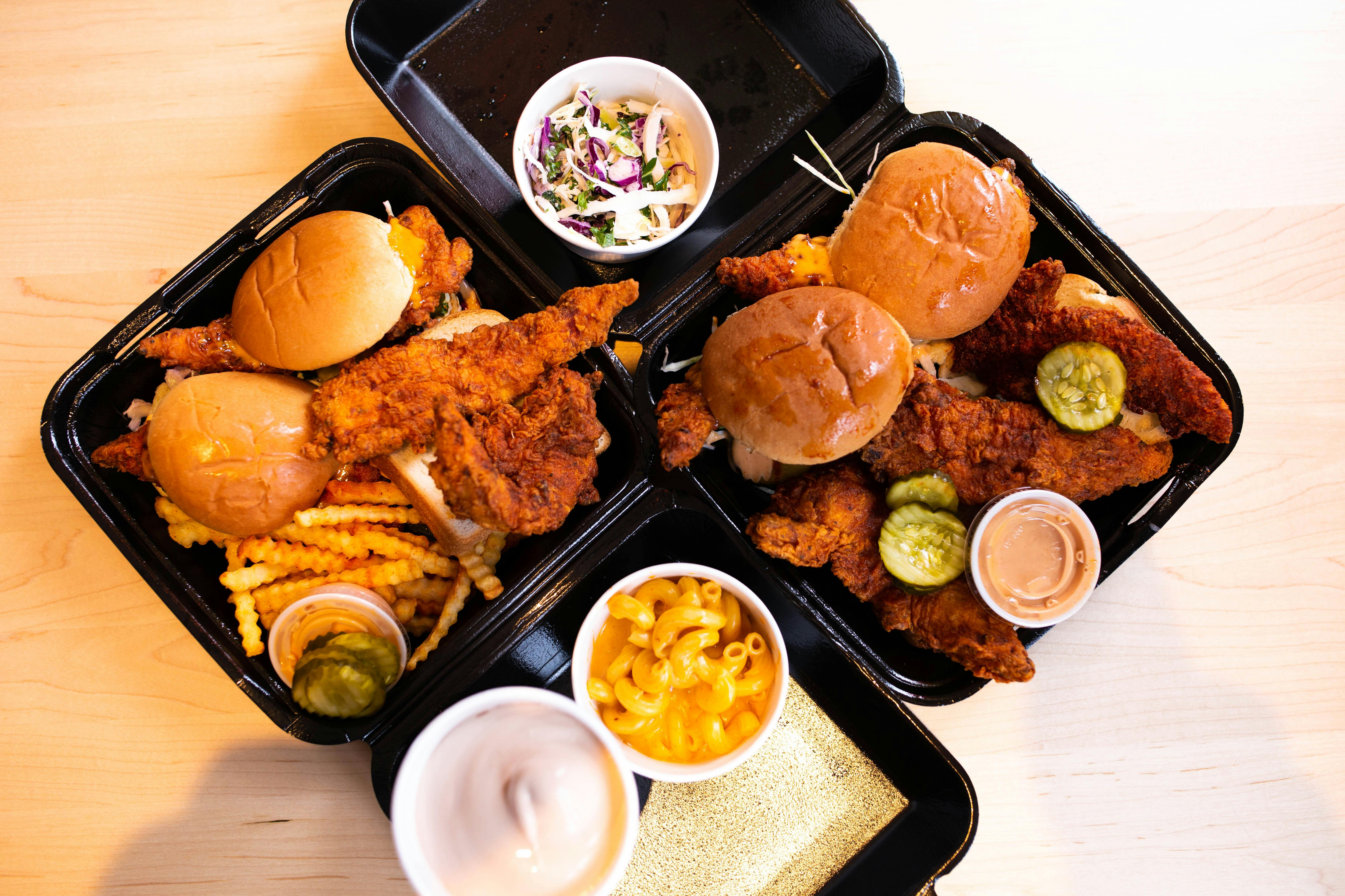 Top-down of food from Dave's Hot Chicken in Parkdale, Toronto, Canada.