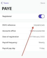 Your PAYE Employer Reference Number (ERN) is detailed next to "PAYE reference" 