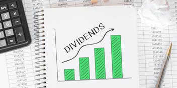 The word dividends written above a bar chart demonstration small business profits.