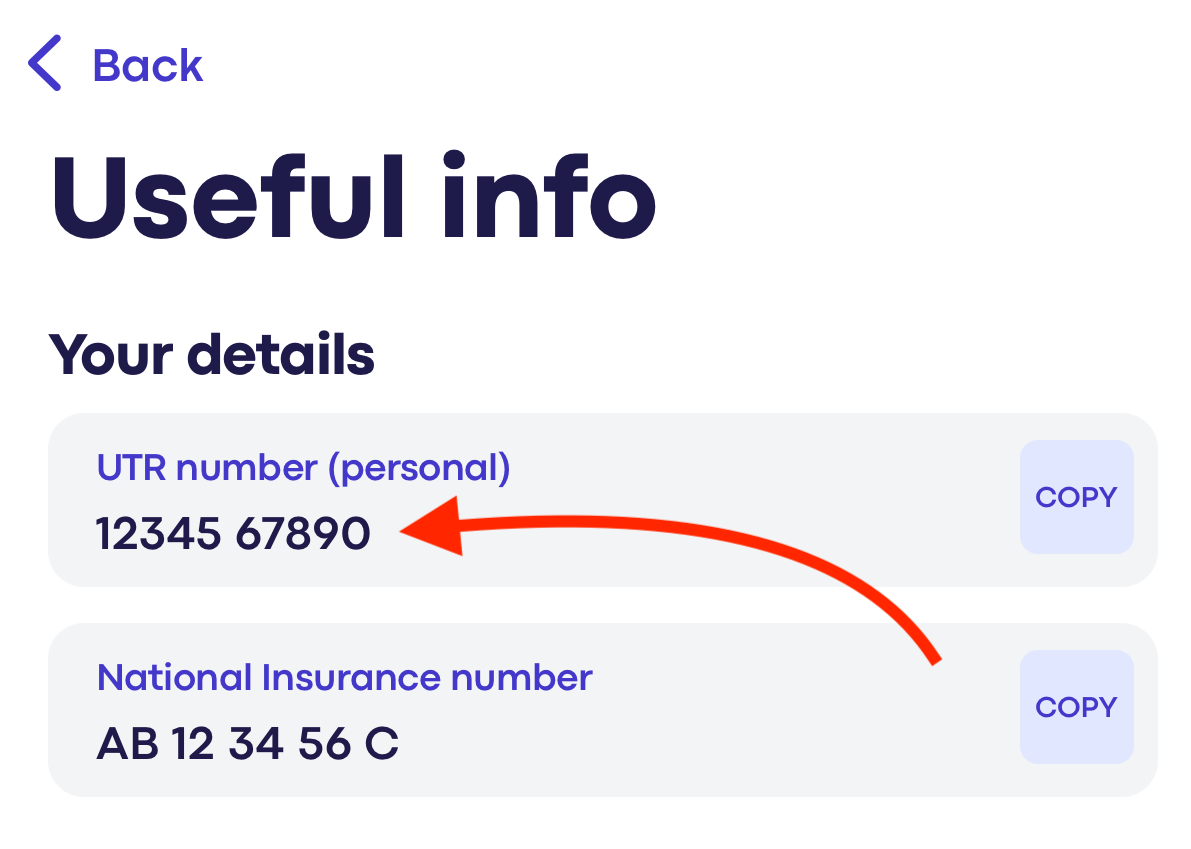 UTR number in TaxBoxx app