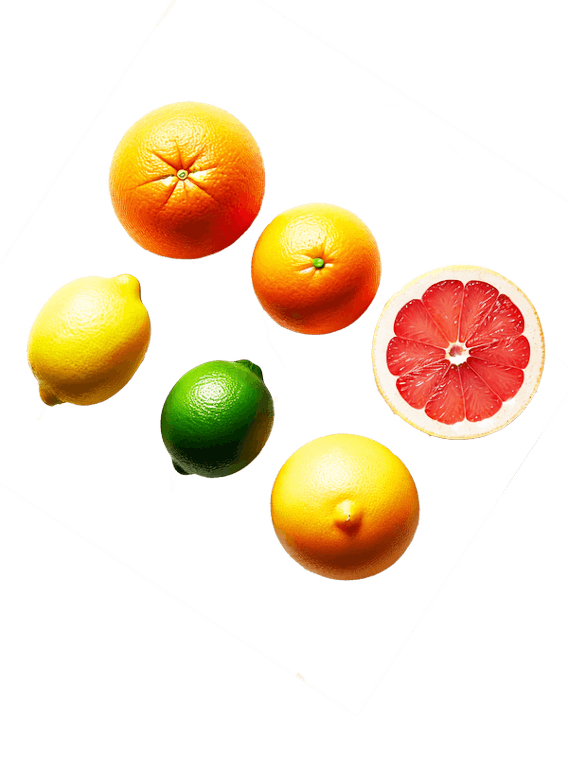 An image of an orange, lime, lemon and a grapefruit cut in half.