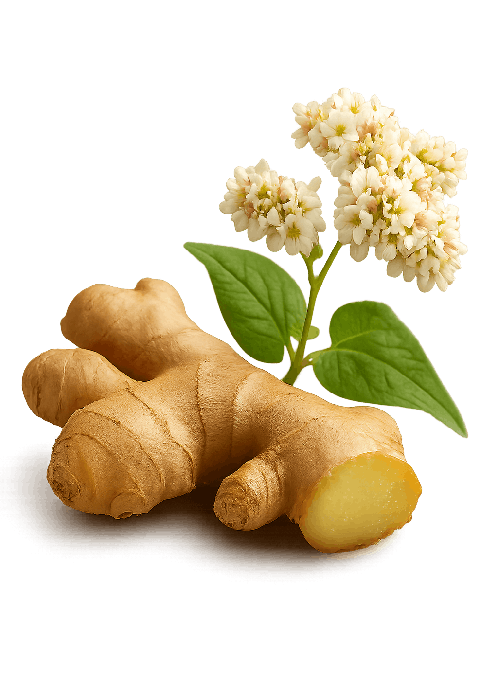 Illustration of fresh ginger and buckwheat flowers on a transparent background