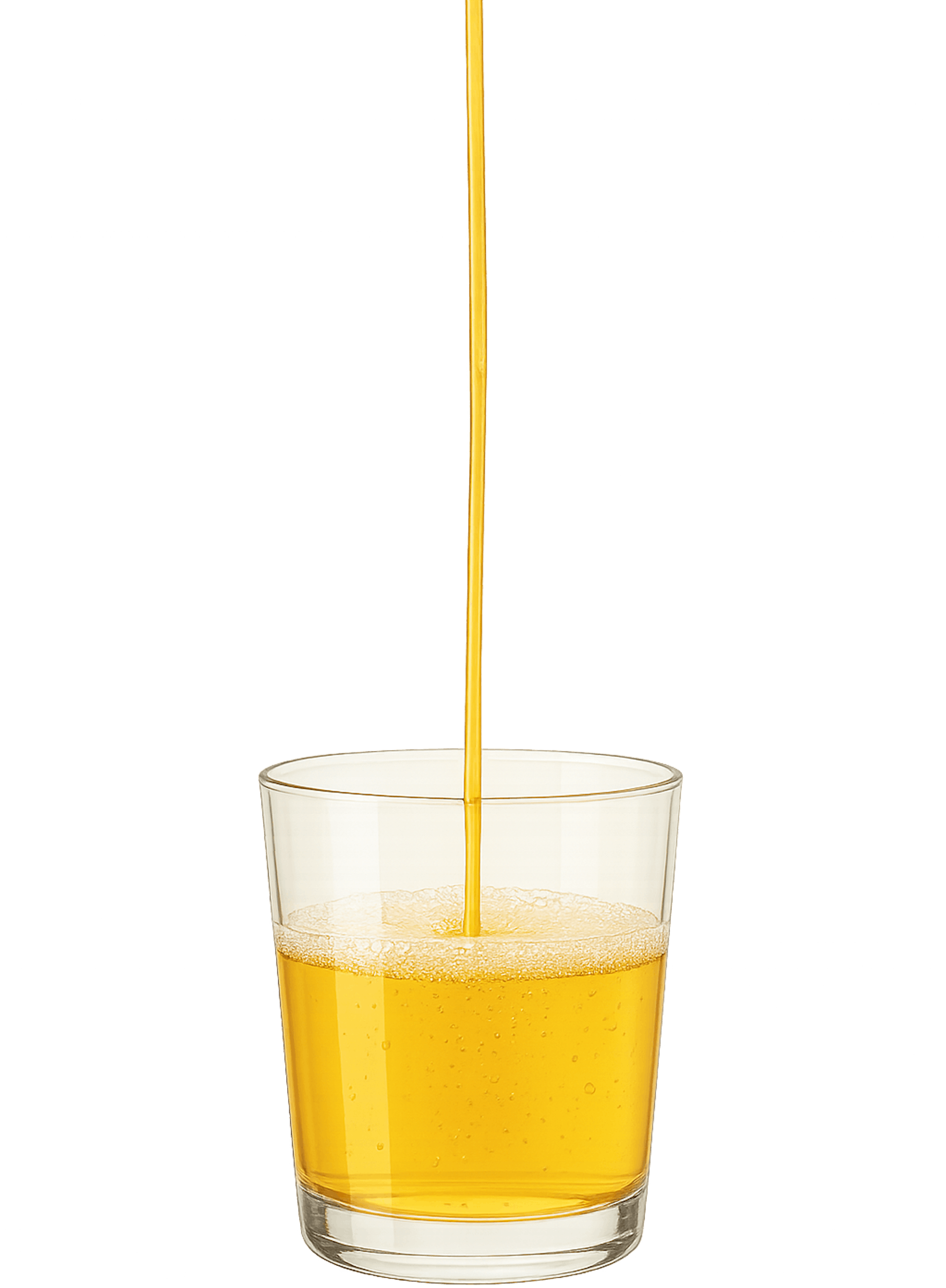 Golden cider pours from above the frame into a wide tumbler, about one-eighth full, with a light froth.