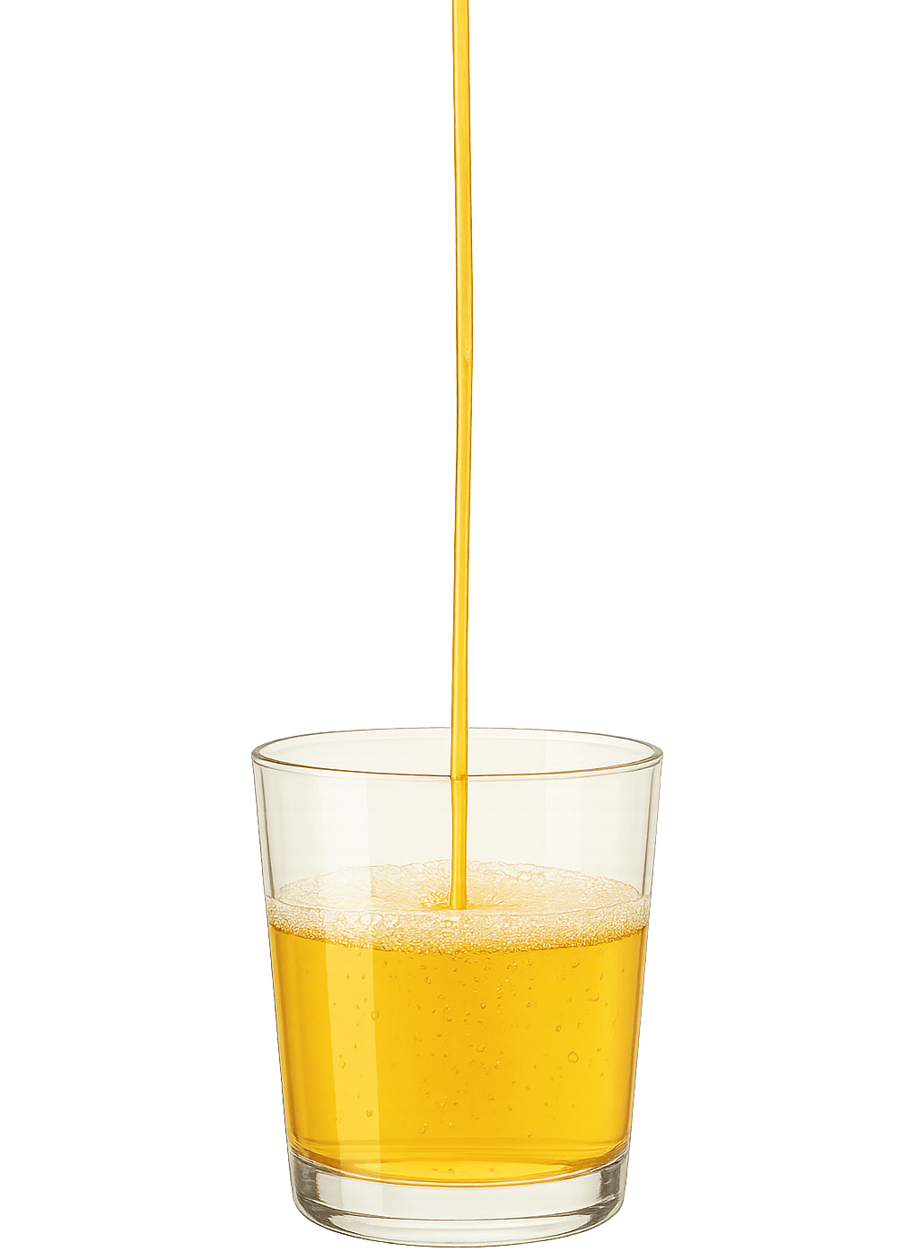 Golden cider pours from above the frame into a wide tumbler, about one-eighth full, with a light froth.