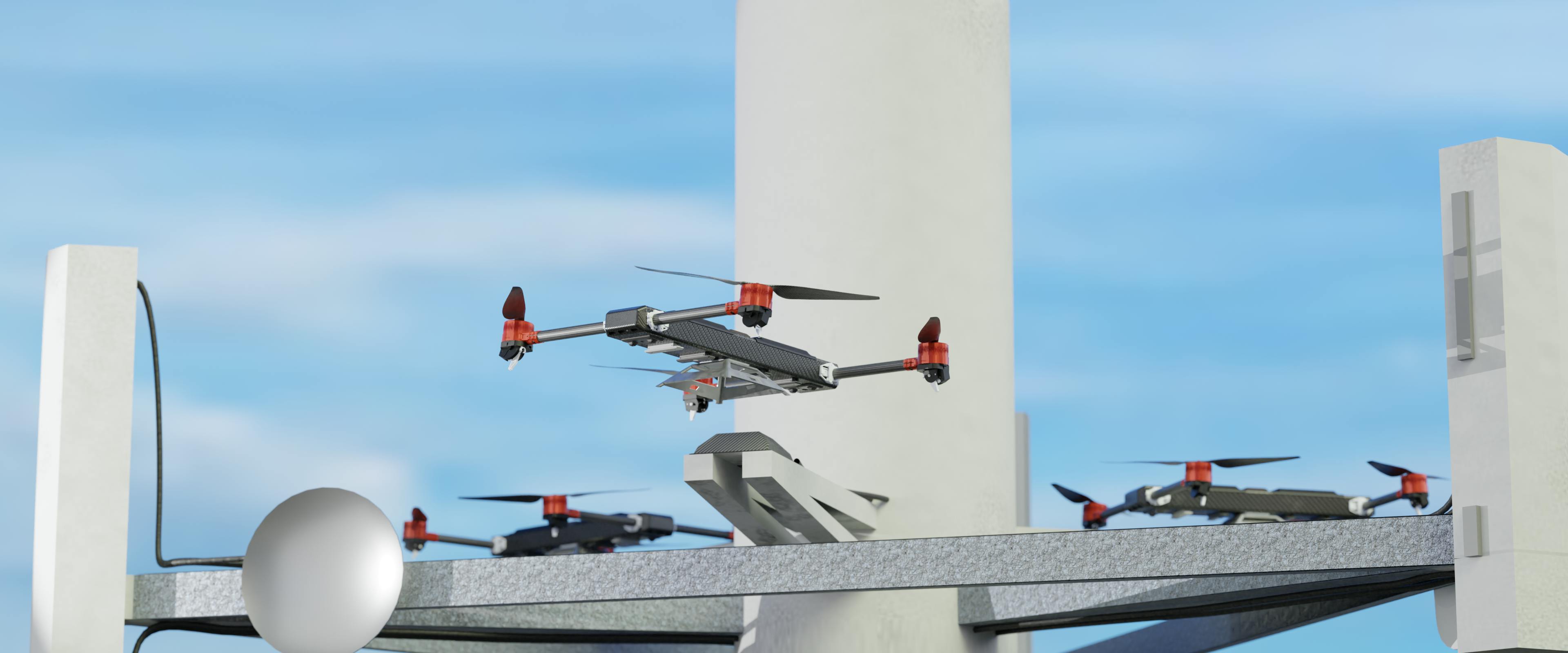 Drone taking off cell tower.