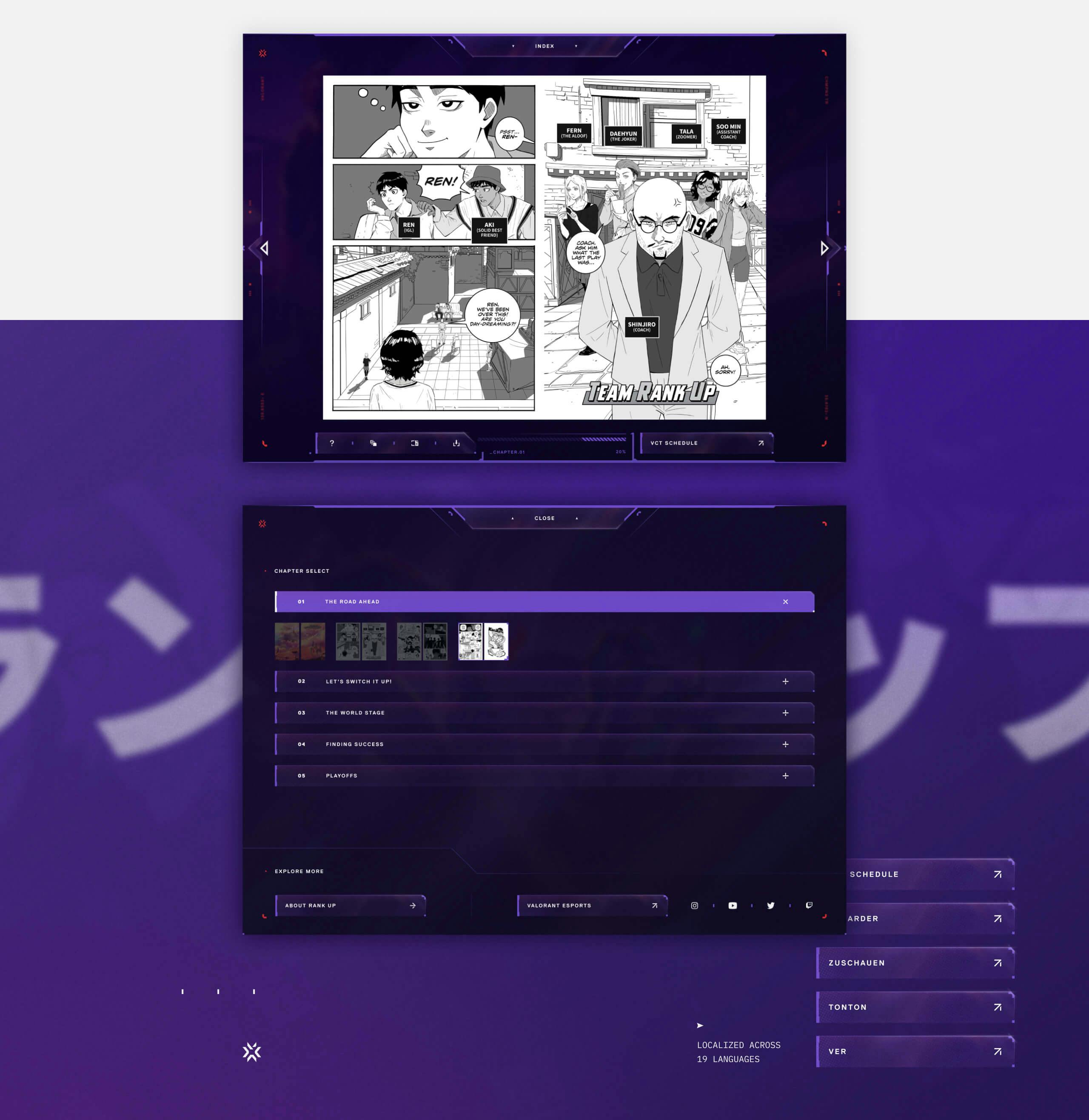 A simple landing page created so that fans could download the manga. This part of the page features some of the art from the manga as well as UI in the game Valorant's style.