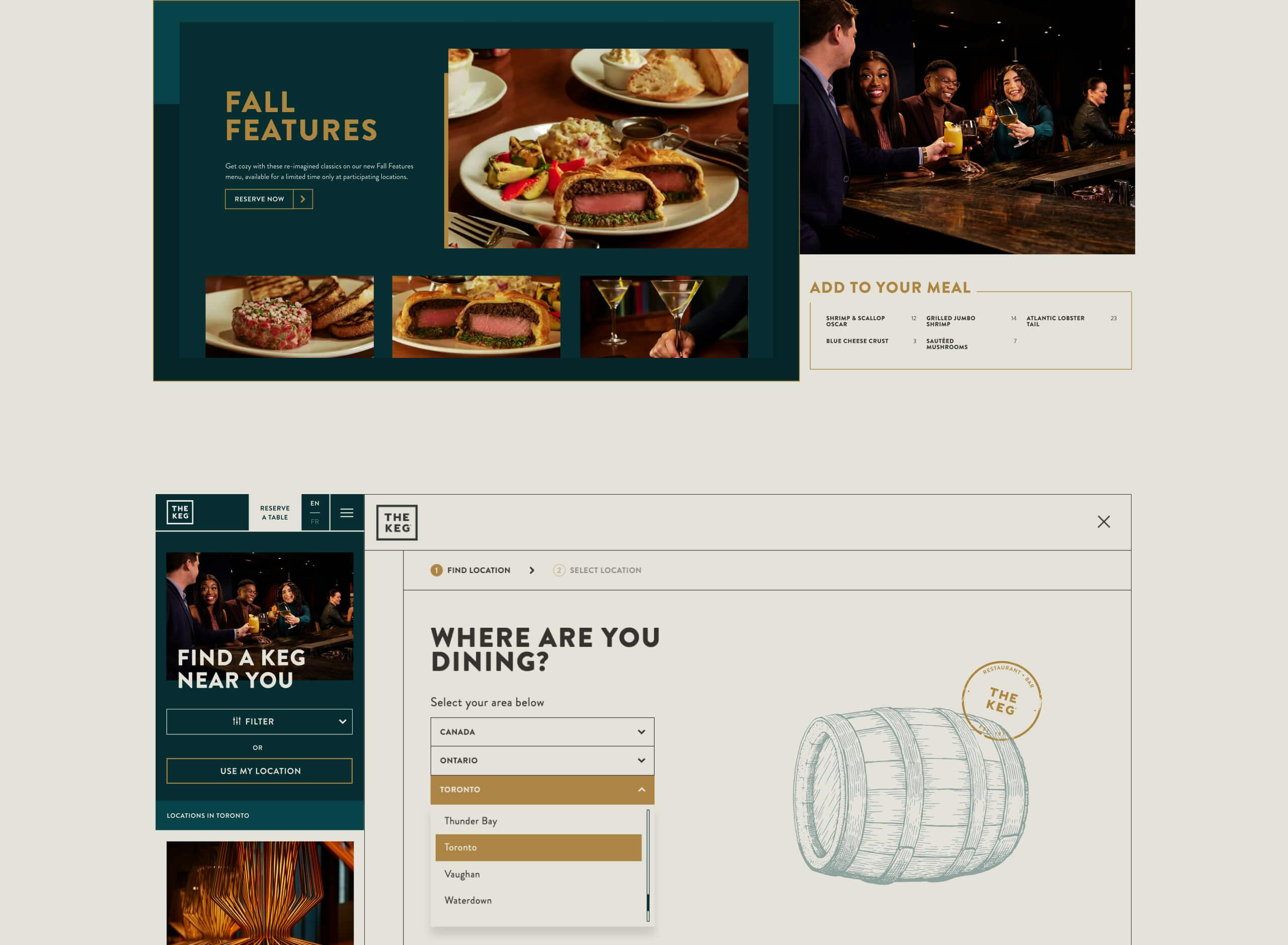 The Keg's website case study featuring multiple pages that have gone from wireframes to the final results of a fully functional website.