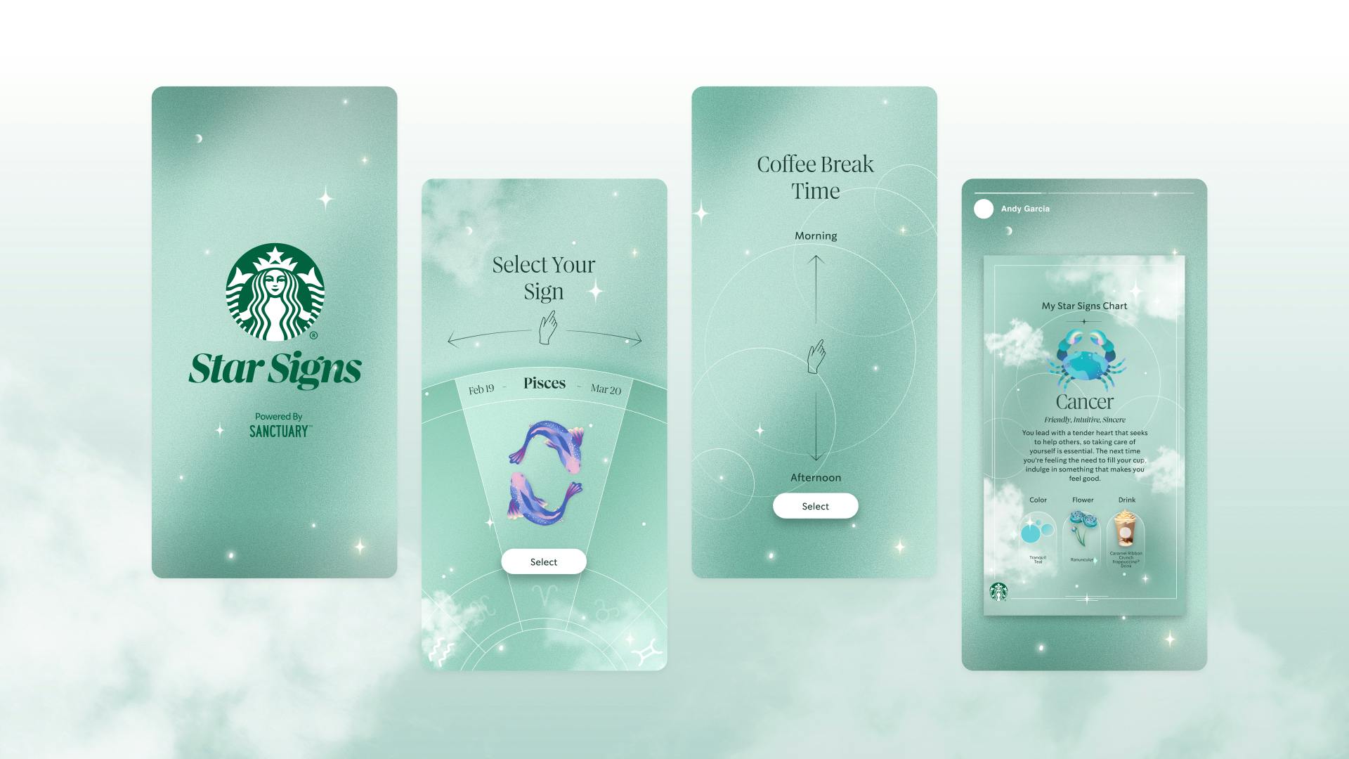 Starbucks star signs tells you your horoscope in app with design, UI and UX created by Thinkingbox for Starbucks coffee. Help determine which Starbucks beverage you should try based on your zodiac.