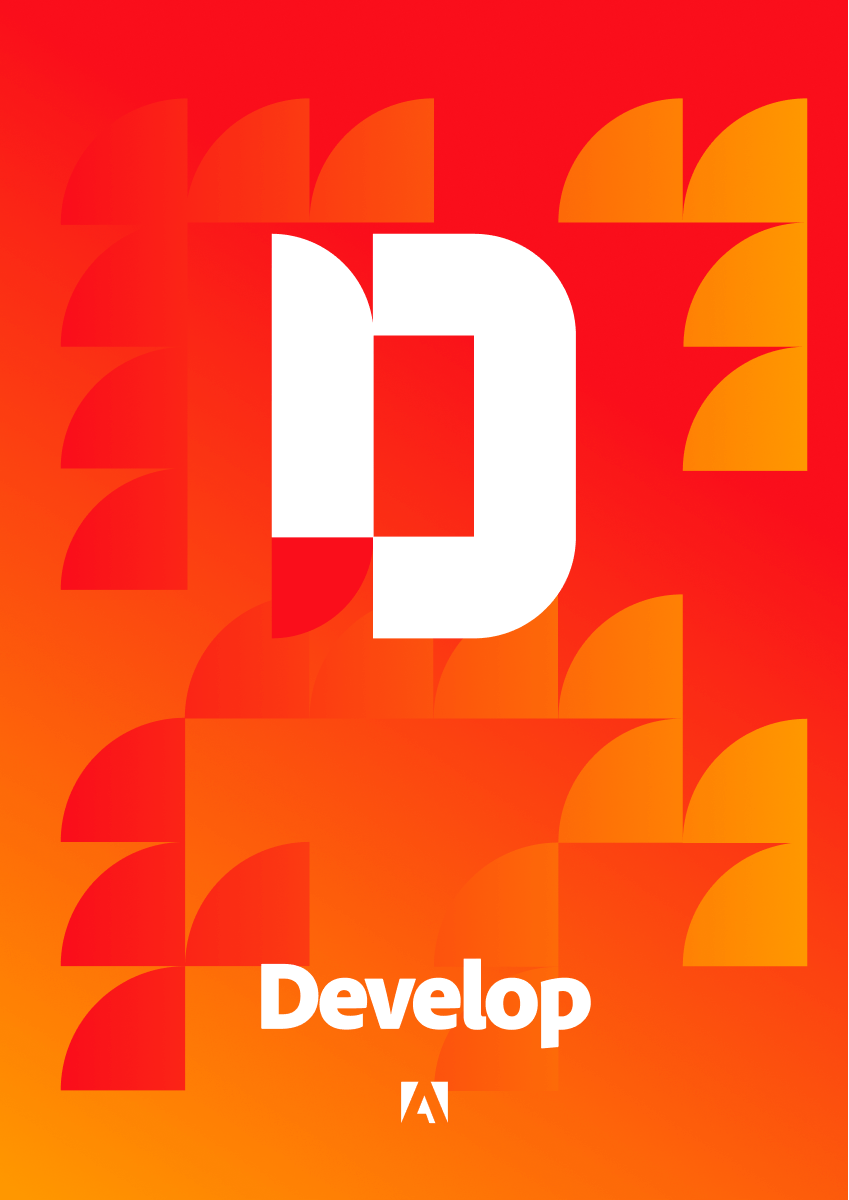 Adobe Develop with the new refreshed branding on bright orange and red background.