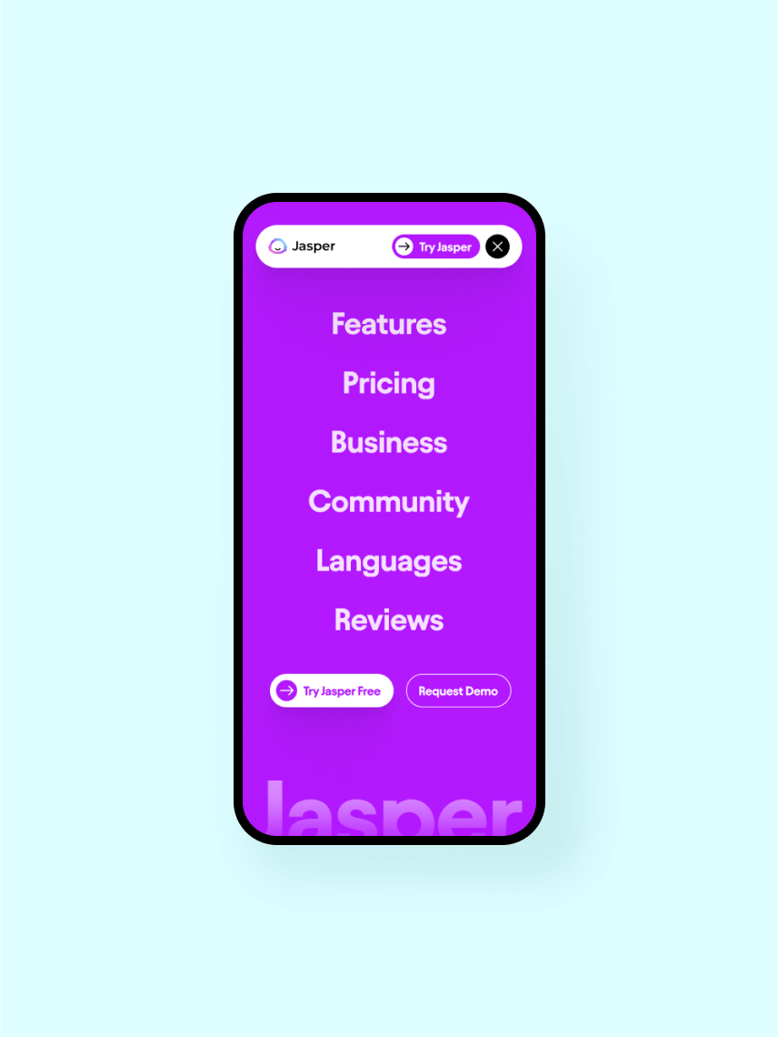 Jasper AI website on mobile device showing features, pricing, business, community, languages, reviews.