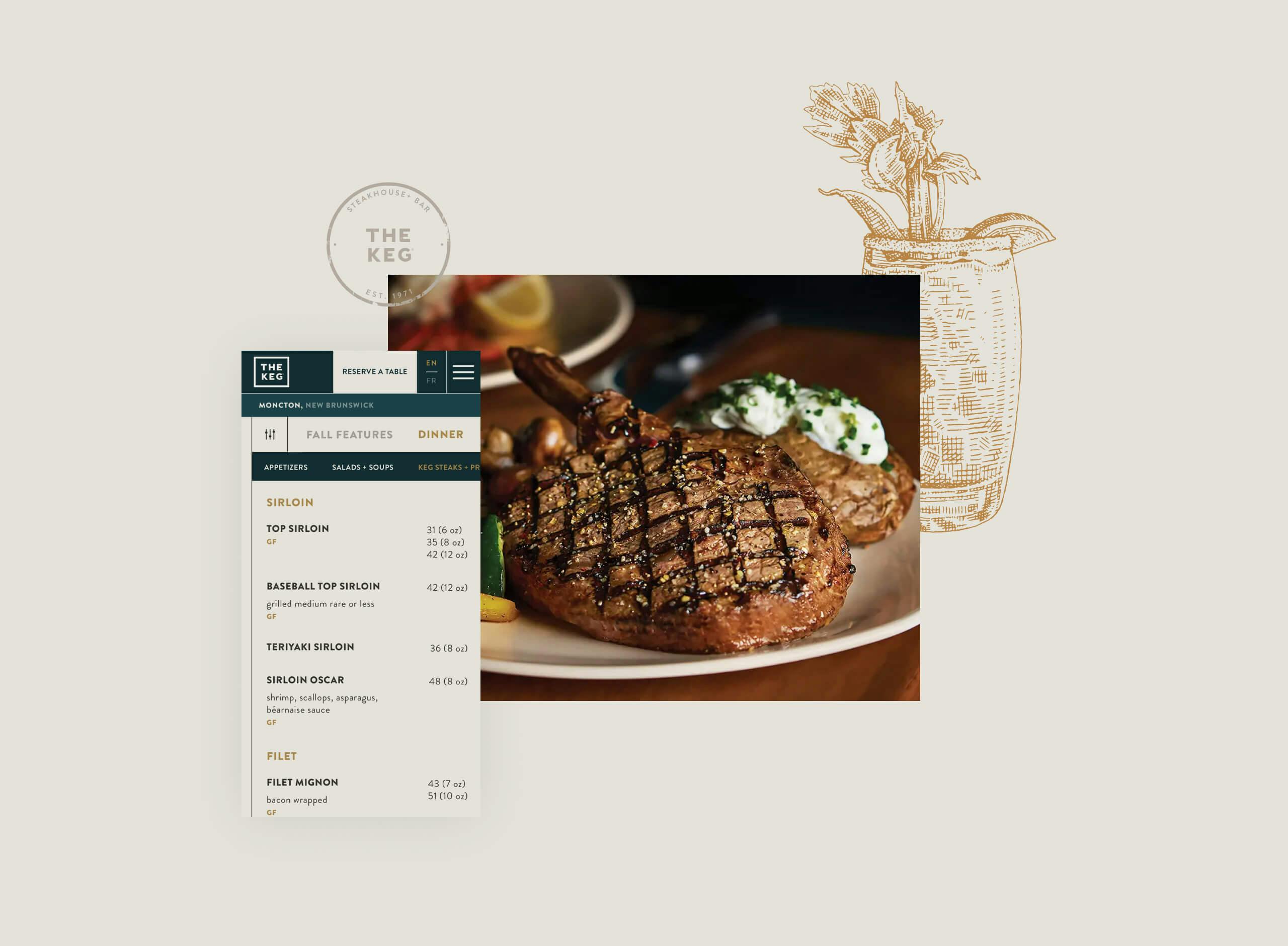 The Keg website features easy to use navigation and intuitive menu for users. The drop down menu asks for your location so that the correct restaurant menu can be viewed.